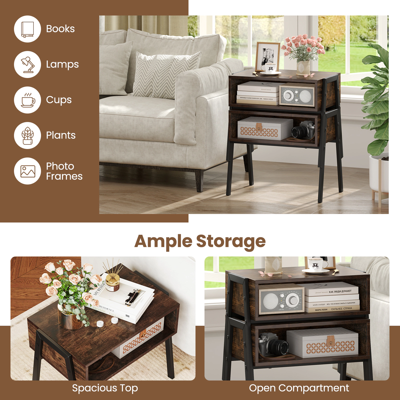SUGIFT Stackable Nightstands Bedside End Tables with Open Storage Shelf 18-in Tall 66-lb Capacity Brown 2-Piece Set