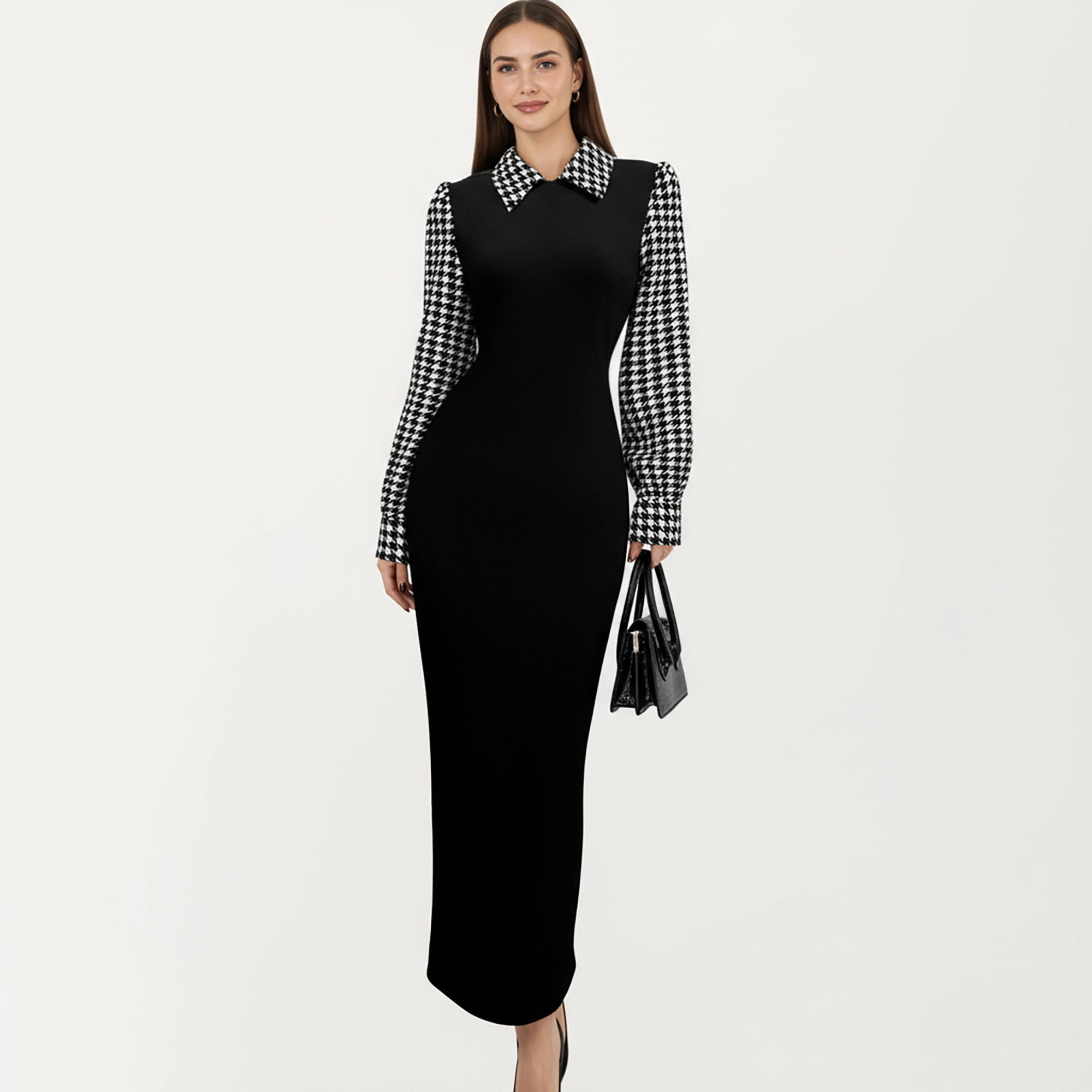 Anna-Kaci Women's Long Sleeve Houndstooth Collar Fitted Silhouette Contrast Maxi Dress