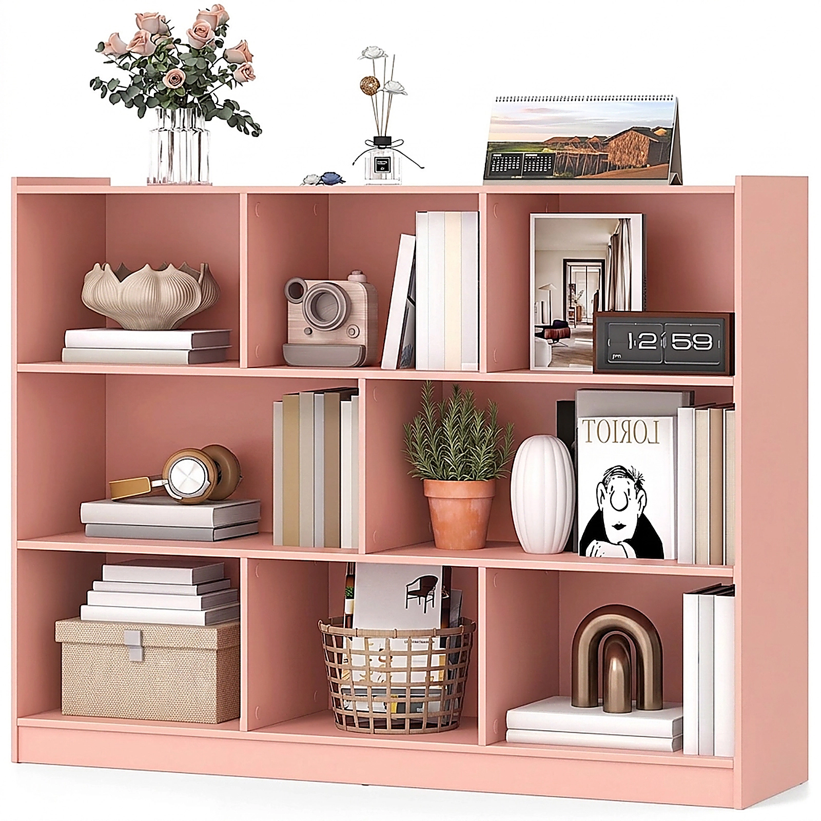 SUGIFT 8-Compartment Pink 48-in Wide 3-Tier Low Bookshelf with Open Toy and Book Storage Organizer