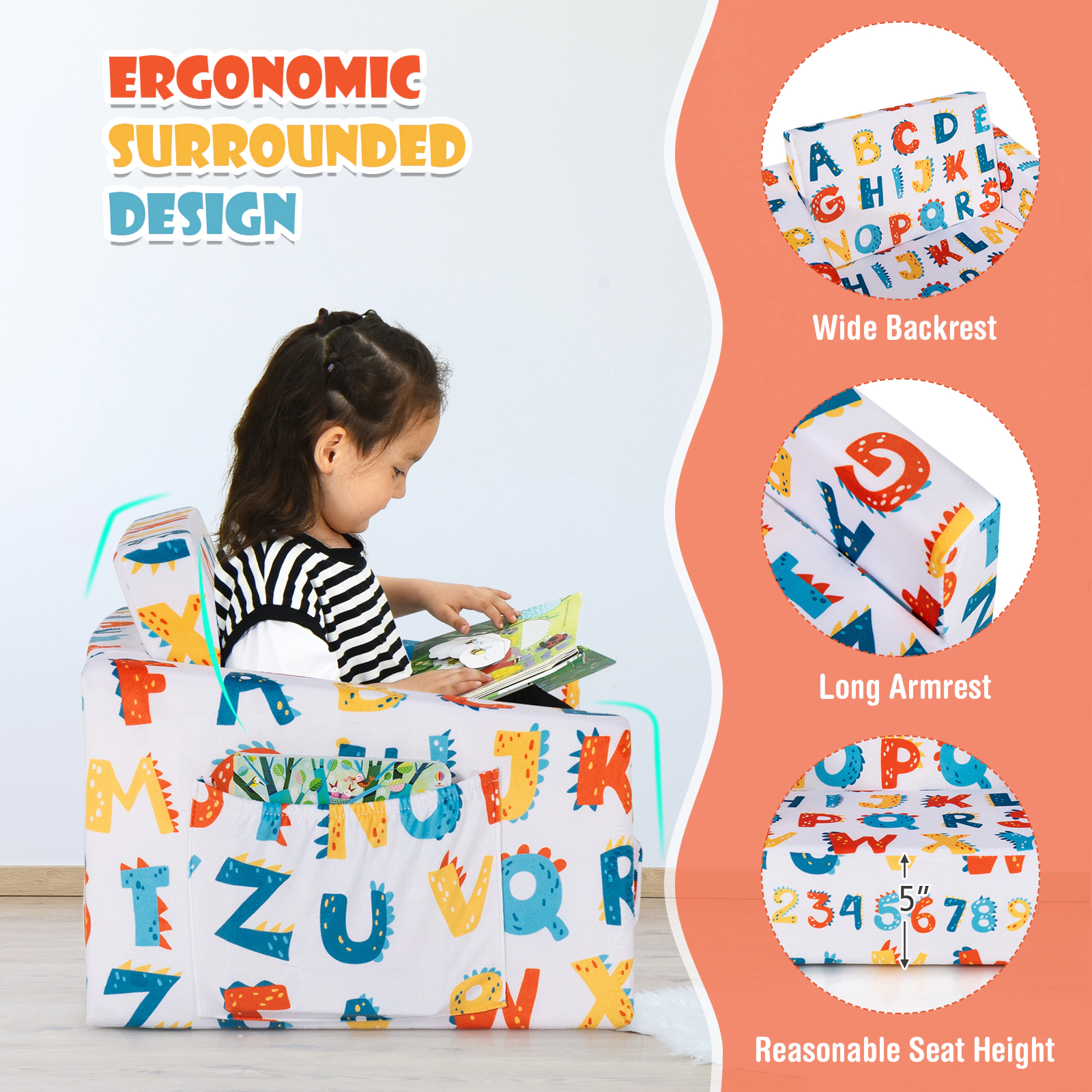 SUGIFT 2-in-1 Convertible Kids Sofa Sleeper 66-lb Capacity Ages 0-4 Multicolor