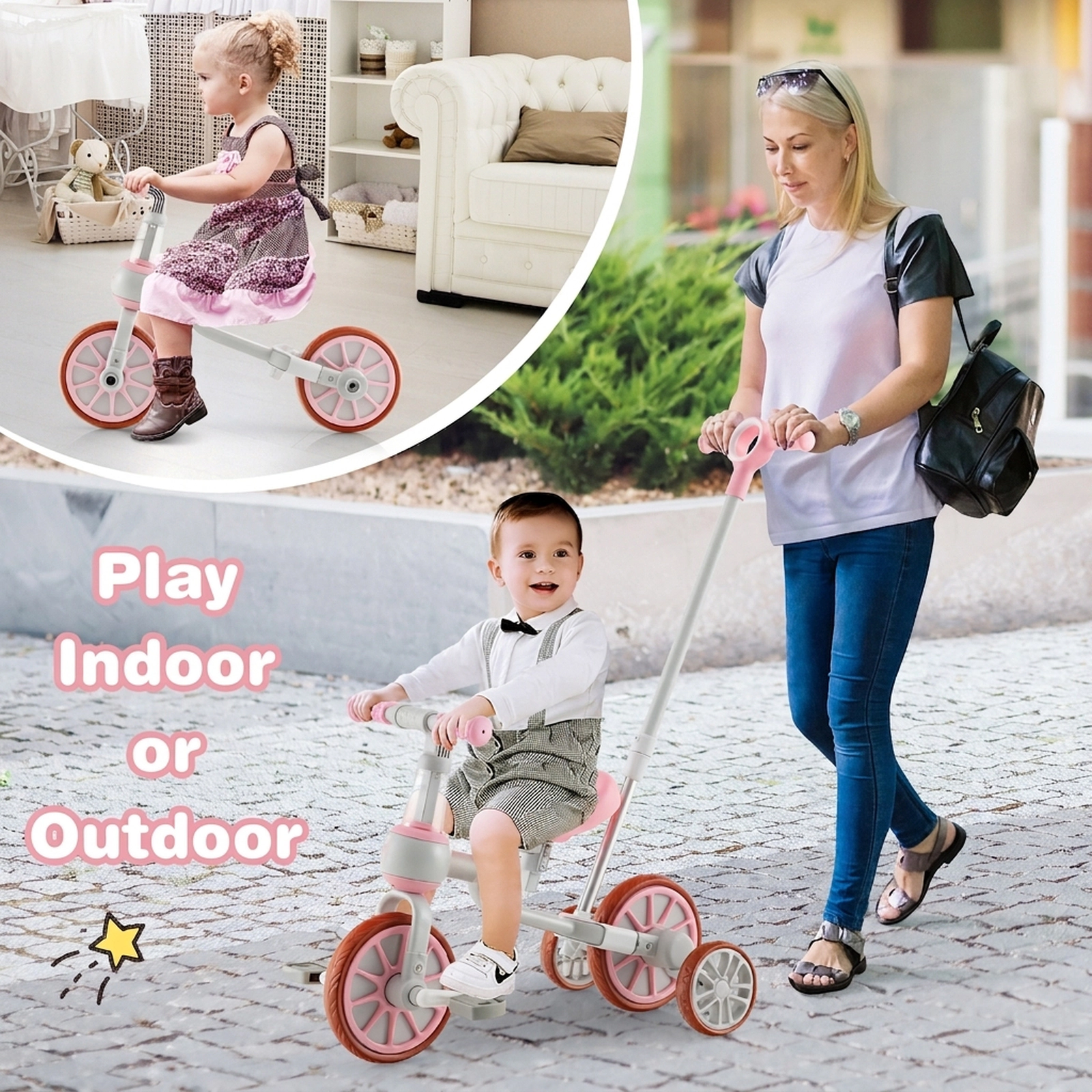 4-in-1 Kids Trike 4-Level Parent Push Handle Detachable Pedals and Training Wheels for Ages 2-4 Toddler Balance Bike