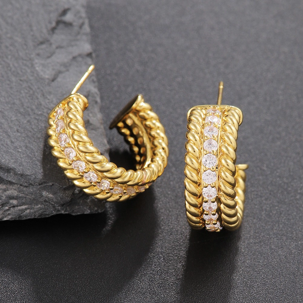 Twisted Rope Pave Cubic Zirconia C-Hoop Stud Earring
