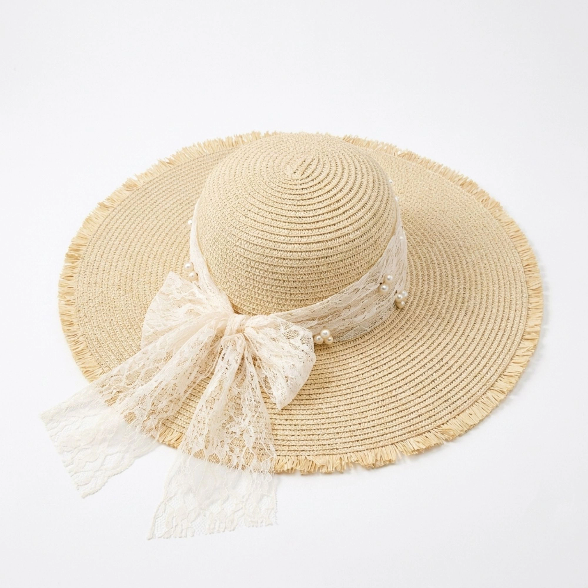 Anna-Kaci Women's Wide Brim Sun Hat with Lace Band and Frayed Edge