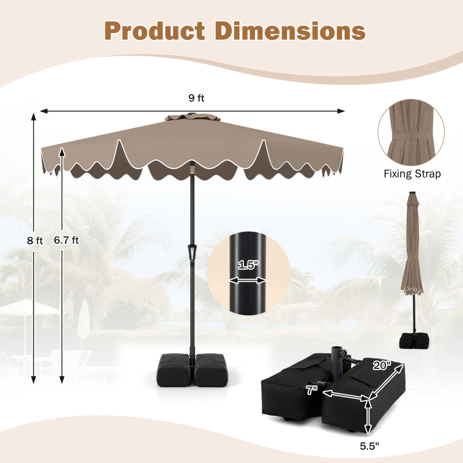SUGIFT 9-ft Double-Tier Ruffled Patio Umbrella Weighted Base & Sandbags 9 x 8 in Polyester Canopy 17-lb Umbrella Brown