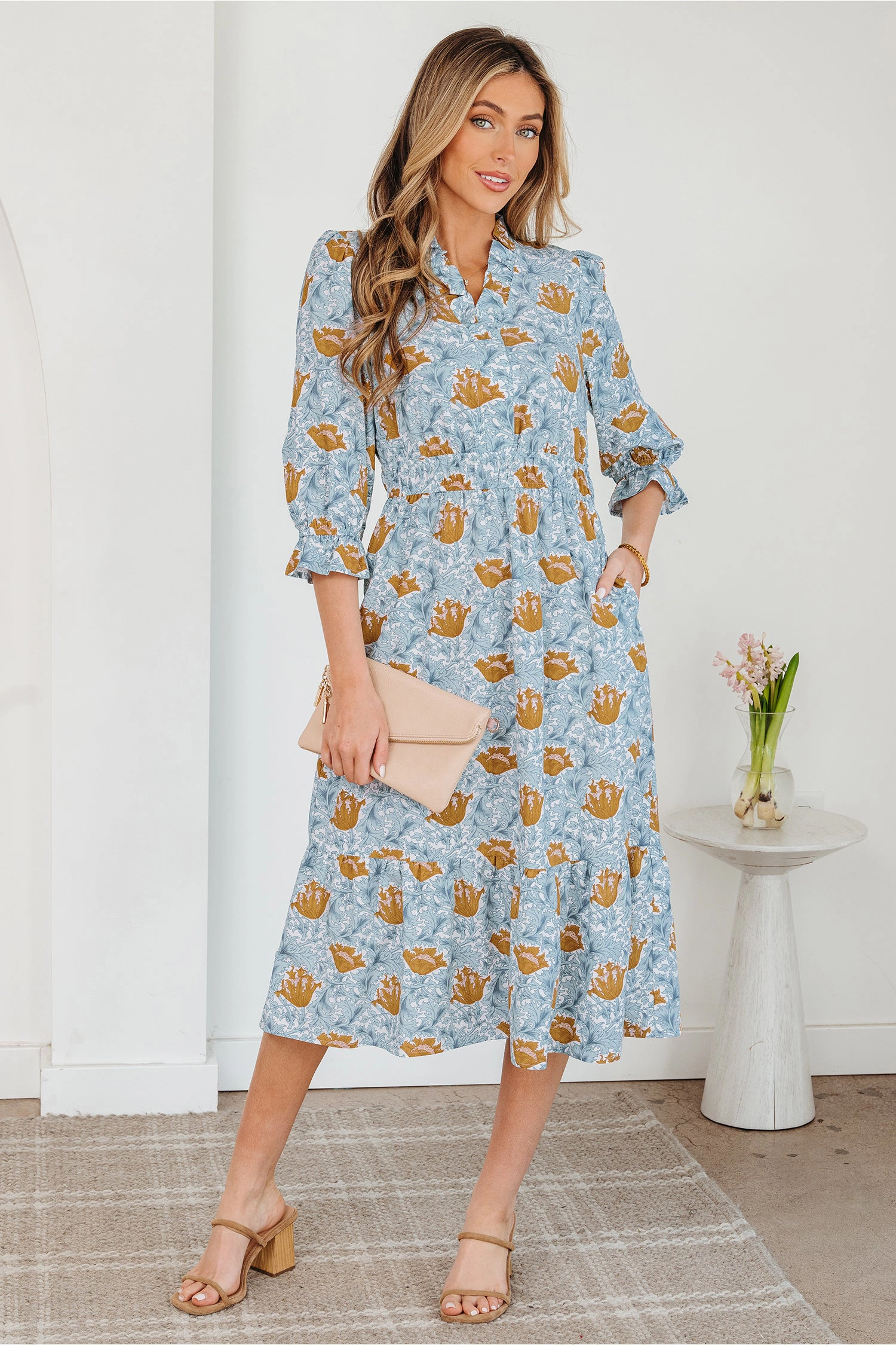 Threaded Pear Womens Rosalee Floral Frilled V-Neck Long Dress - Bracelet Sleeve, Elastic Waist