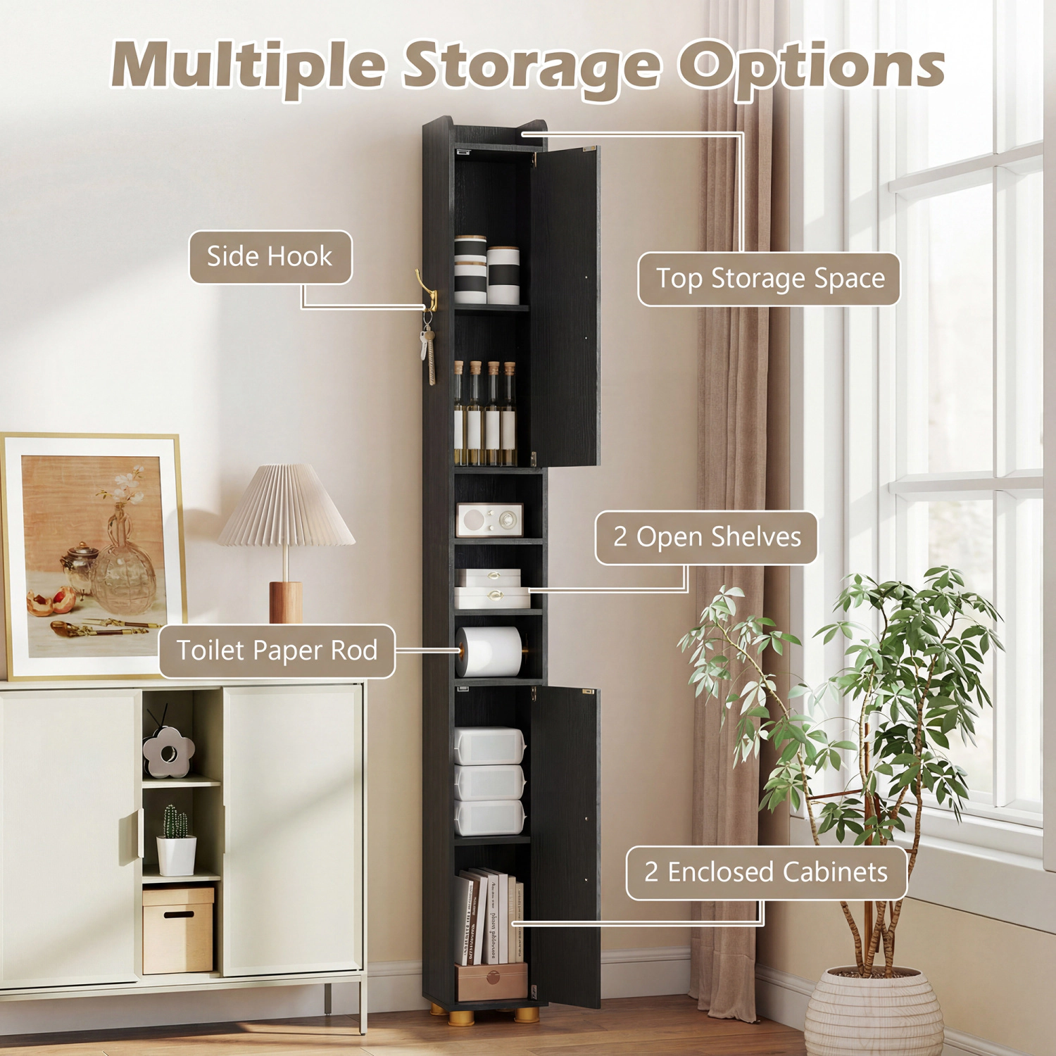 SlickBlue Slim Bathroom Storage Cabinet with Shelves, Hooks & Doors