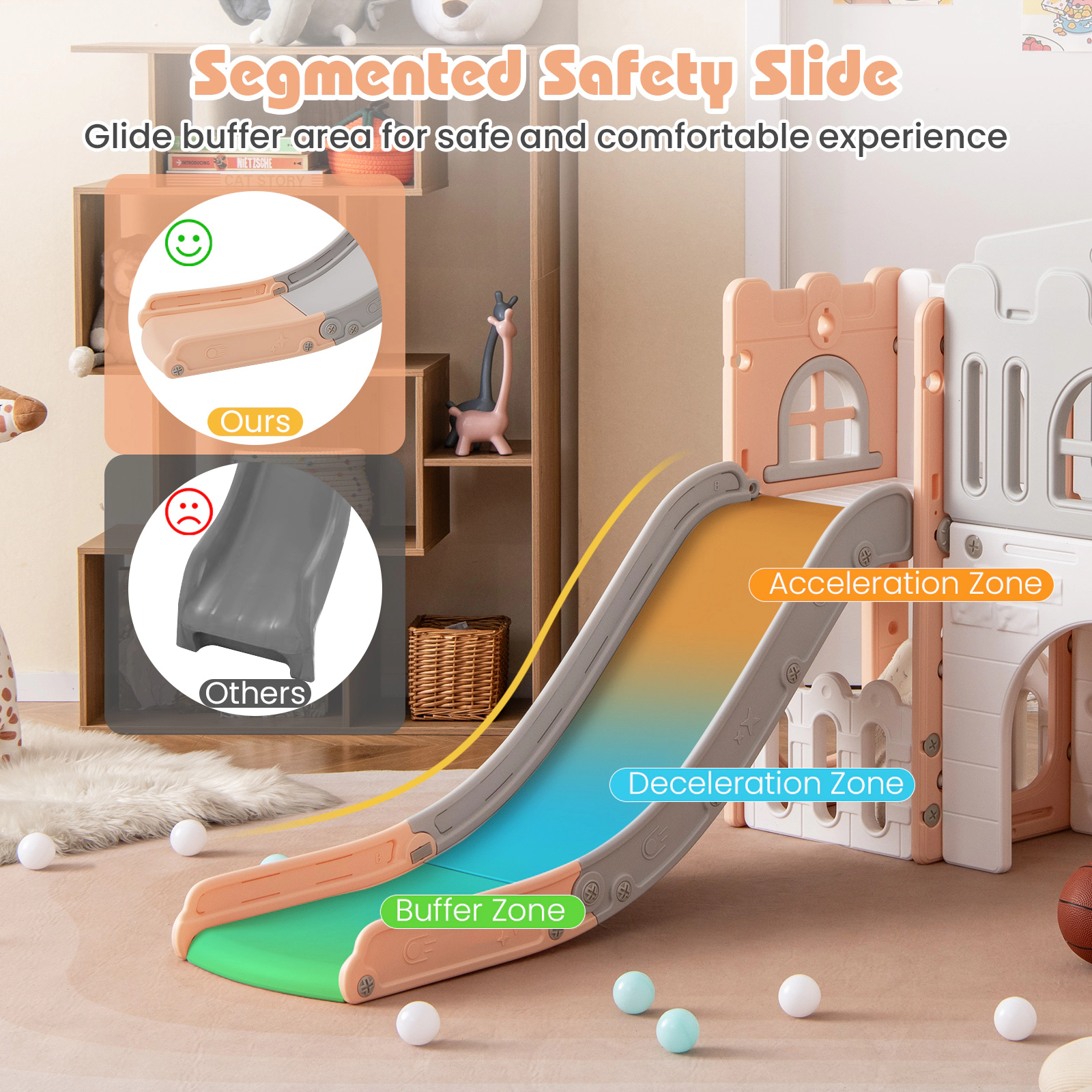 SUGIFT Pink Tunnel Climber and Basketball All-in-1 Toddler Slide Playset Indoor Playground