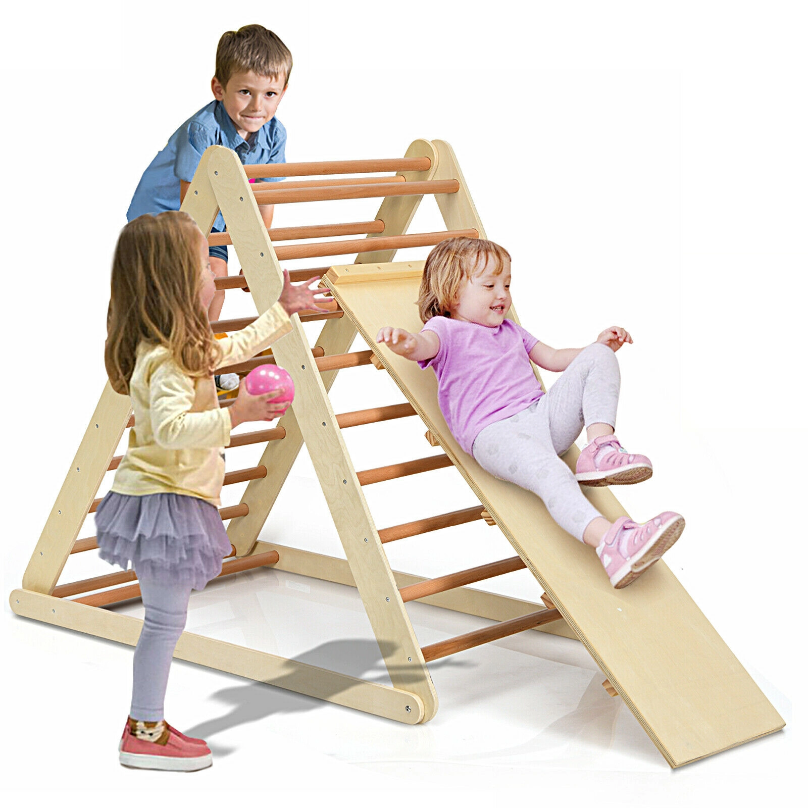 SUGIFT Natural 48-in Foldable Wooden Kids Climber with Ladder and Climbing Ramp 7.5-in Folded 132-lb Frame Load