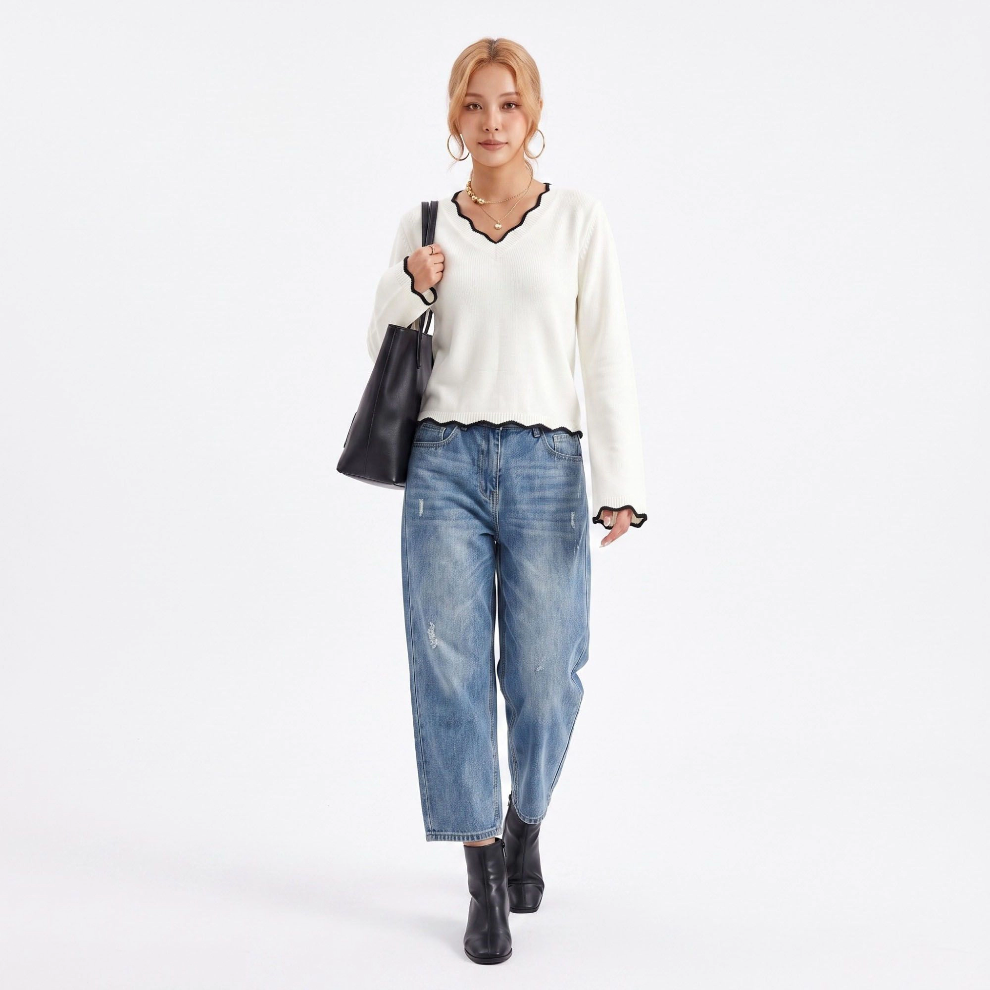 Anna-Kaci Women's Contrast Trim V Neck Sweater Flare Sleeve Scalloped Hem Knit Pullover