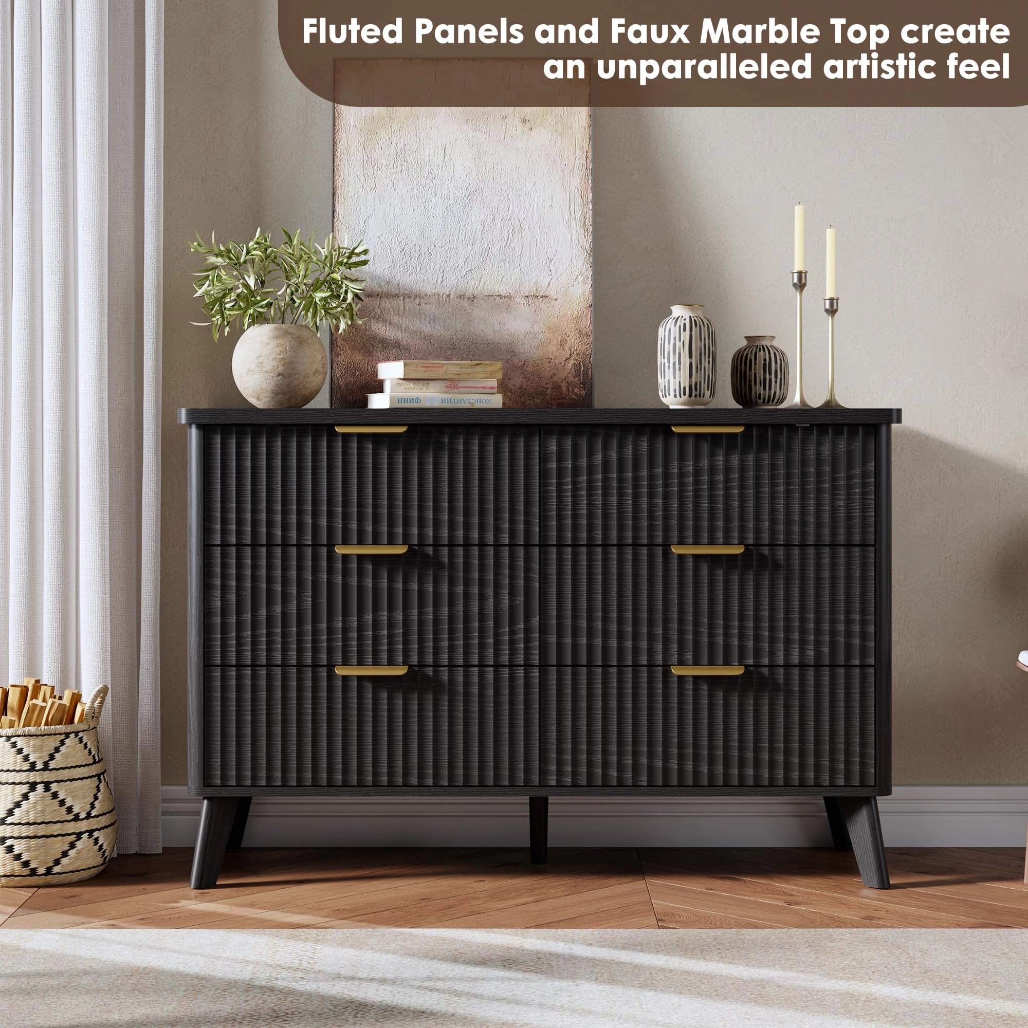 Fluted 6 Drawer Dresser, Curved Profile Design 47.2" Wide Wooden Chest & TV Stand for Bedroom Living Room