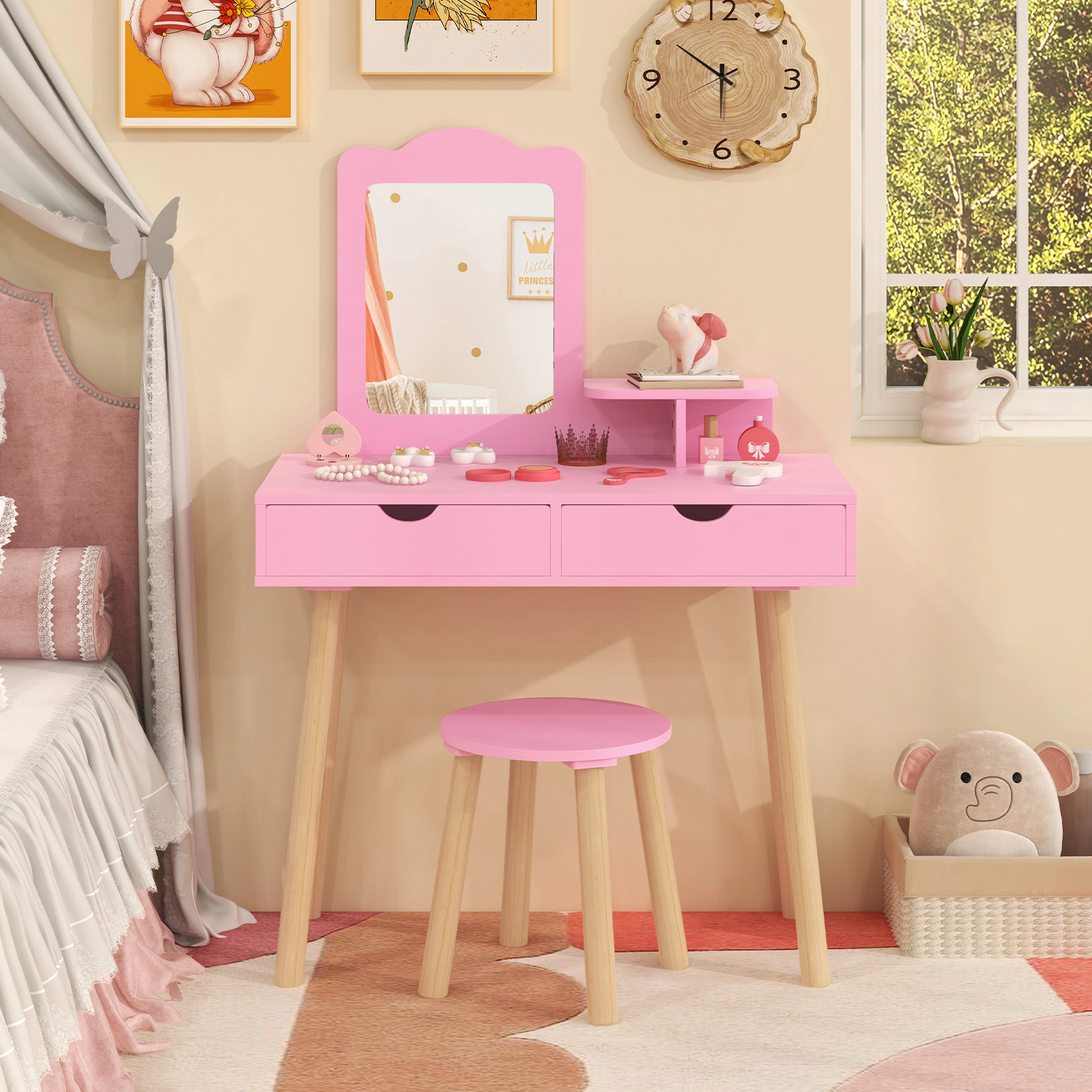 SUGIFT Removable Mirror and 2 Large Storage Drawers Kids Vanity Table Stool Set