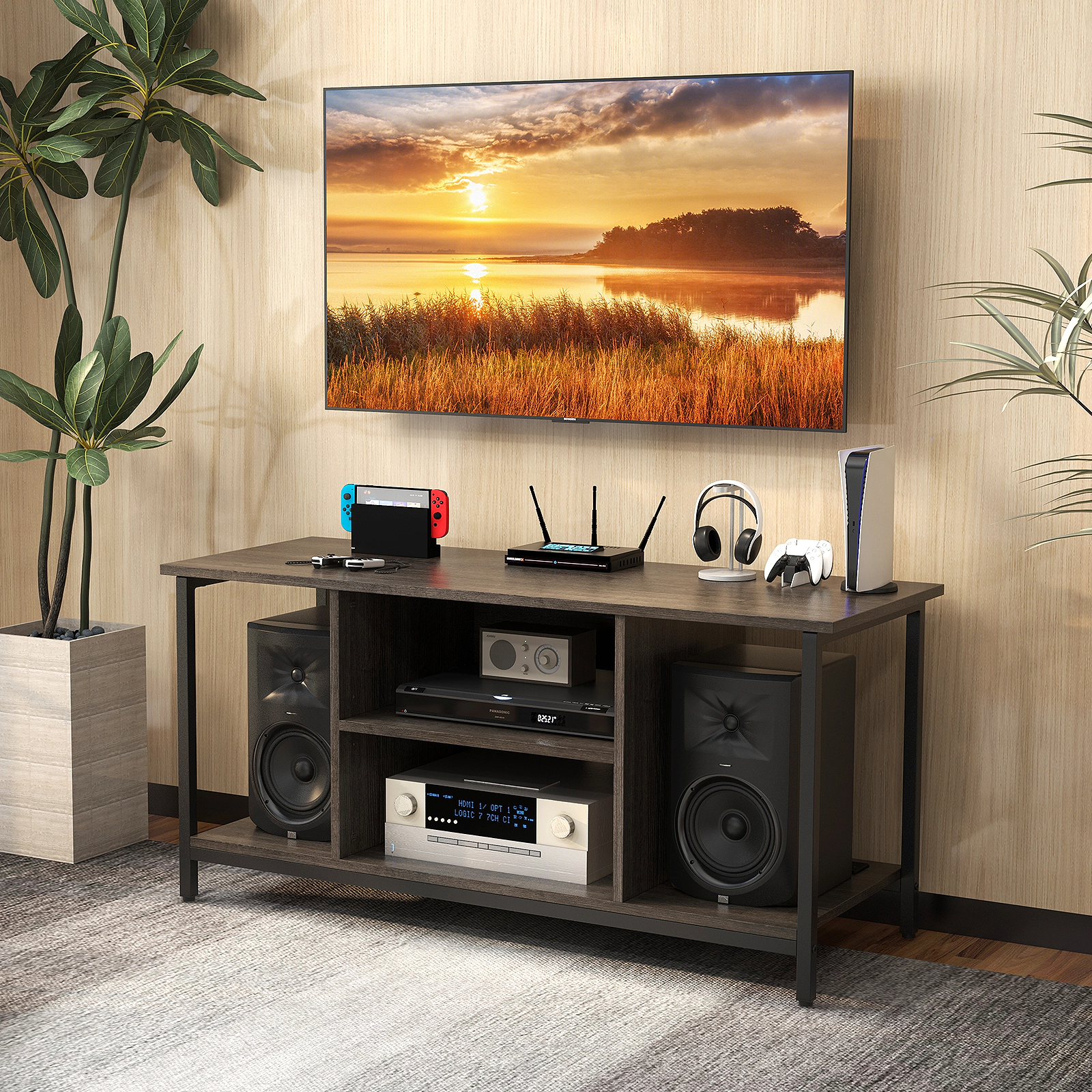 SUGIFT 3-Tier TV Stand with Power Outlet USB-A USB-C and Adjustable Shelf 165-lb Tabletop Capacity Gray