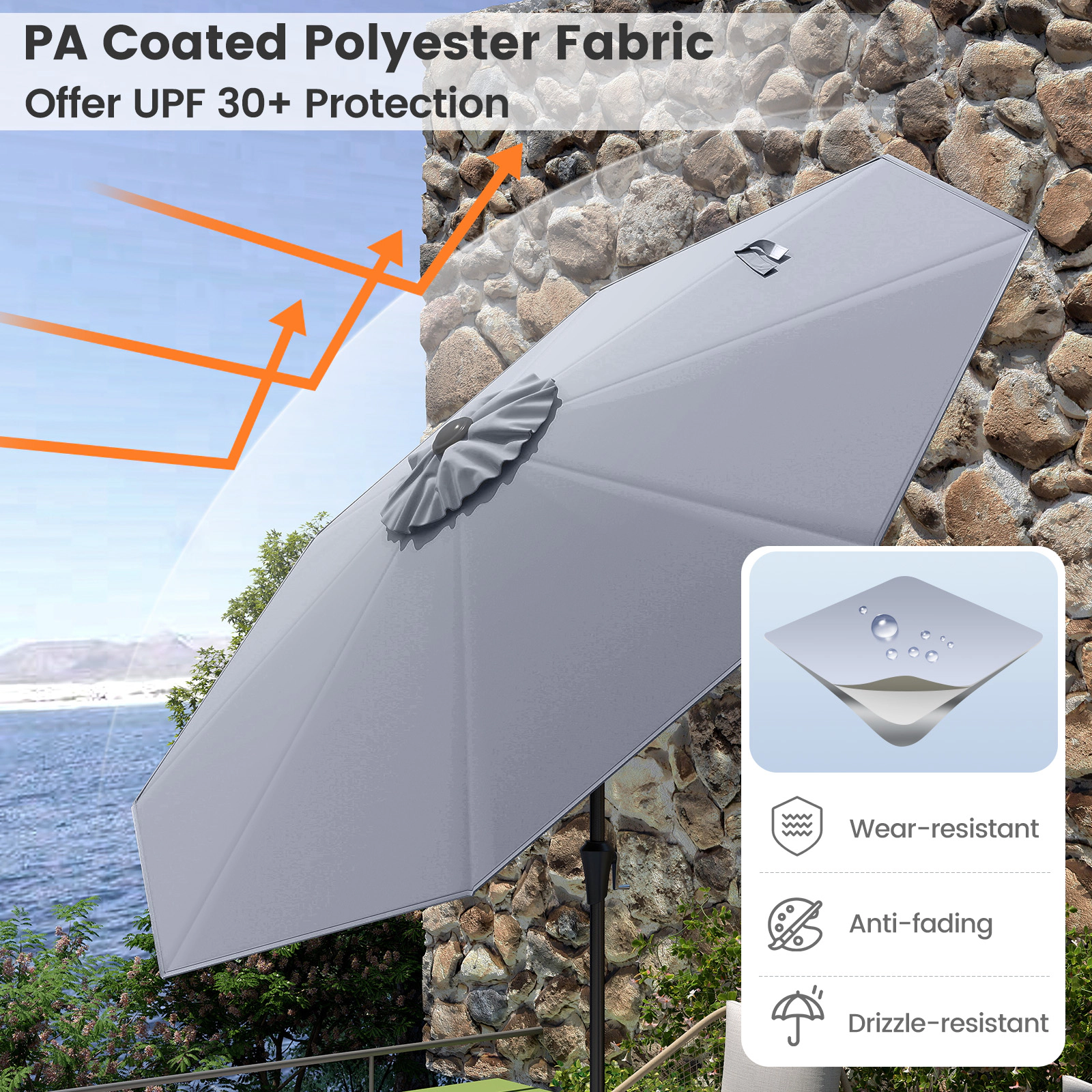 SUGIFT 9-ft Outdoor Market Patio Table Umbrella with Push Button Tilt Crank Lift Gray