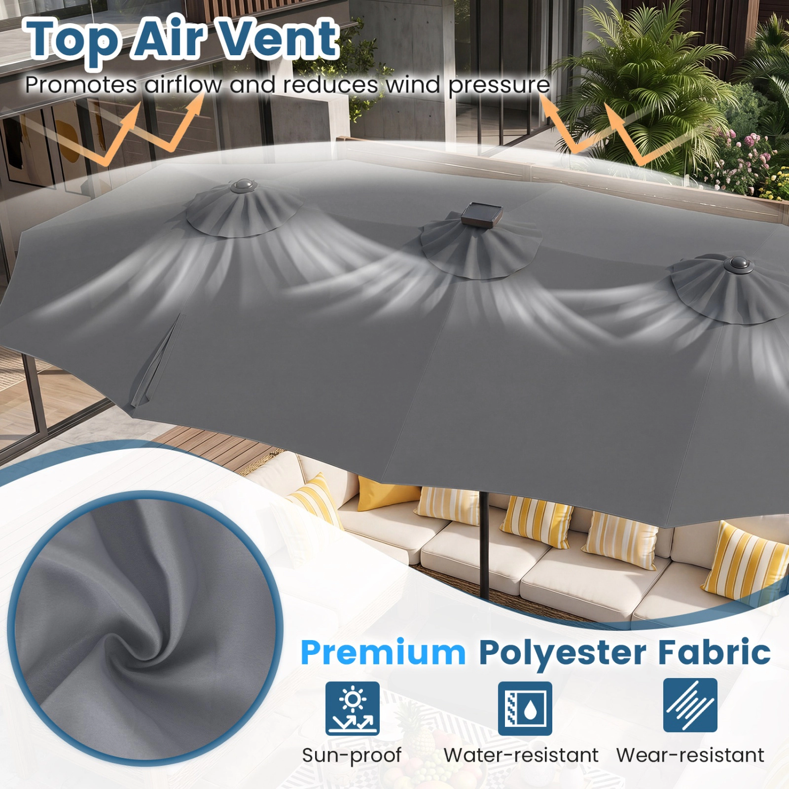 SUGIFT 13-ft Gray Rectangular Double-Sided Patio Umbrella with Solar LEDs and Weighted Base