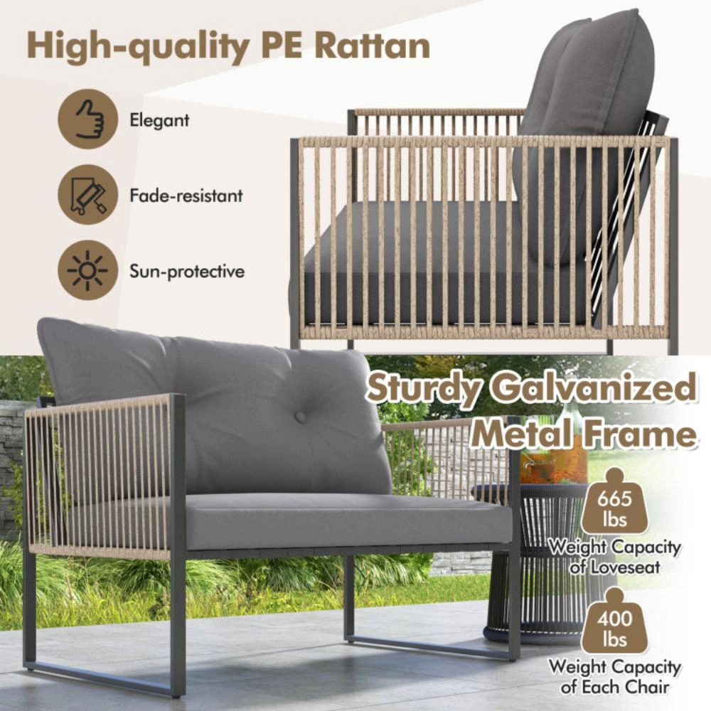 Hivvago 4 Pieces Outdoor Pe Rattan Conversation Sofa Set With Cushions-Grey