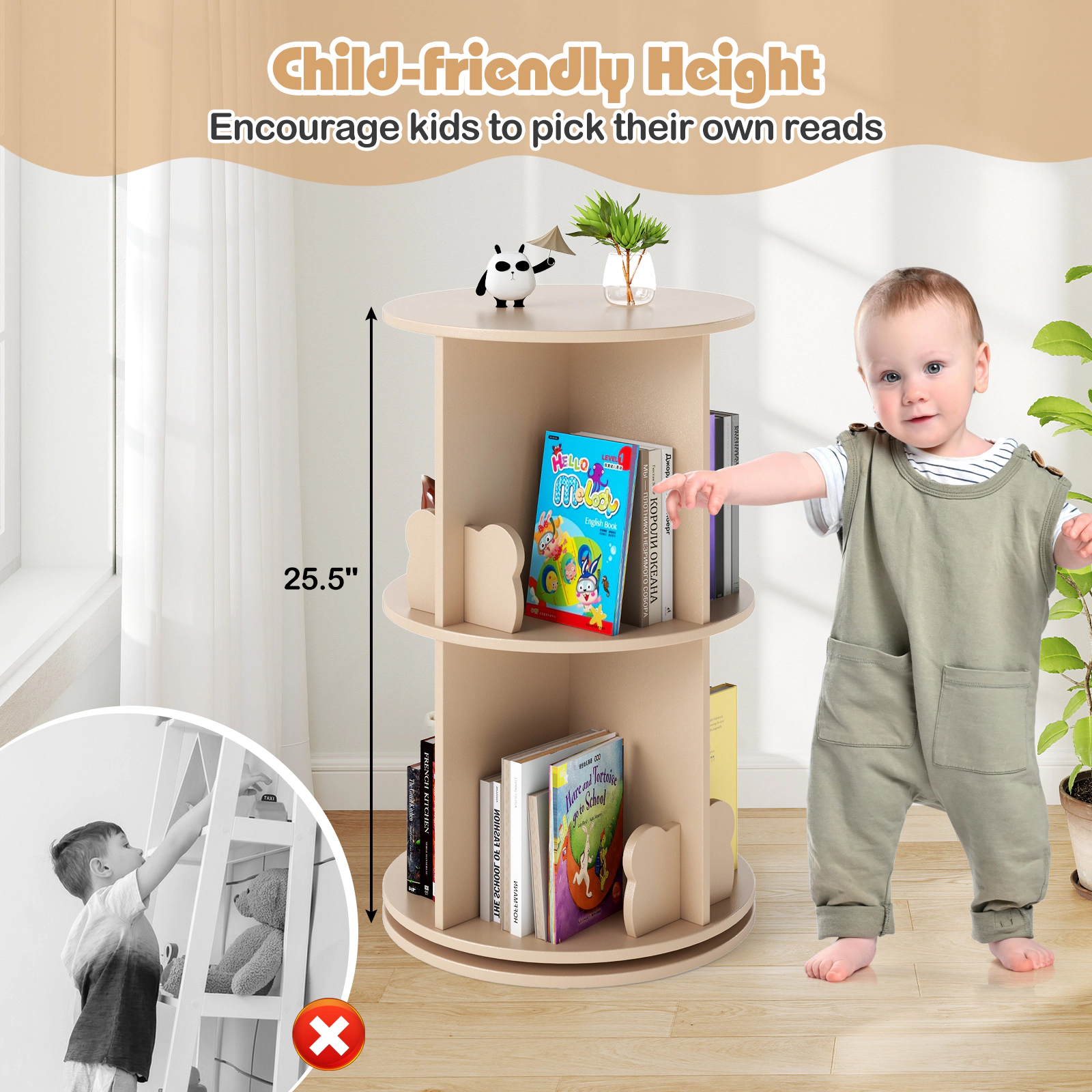 SUGIFT 2-Tier Freestanding Kids Rotating Bookshelf Storage Rack 33-lb Capacity Coffee MDF with 8 Compartments