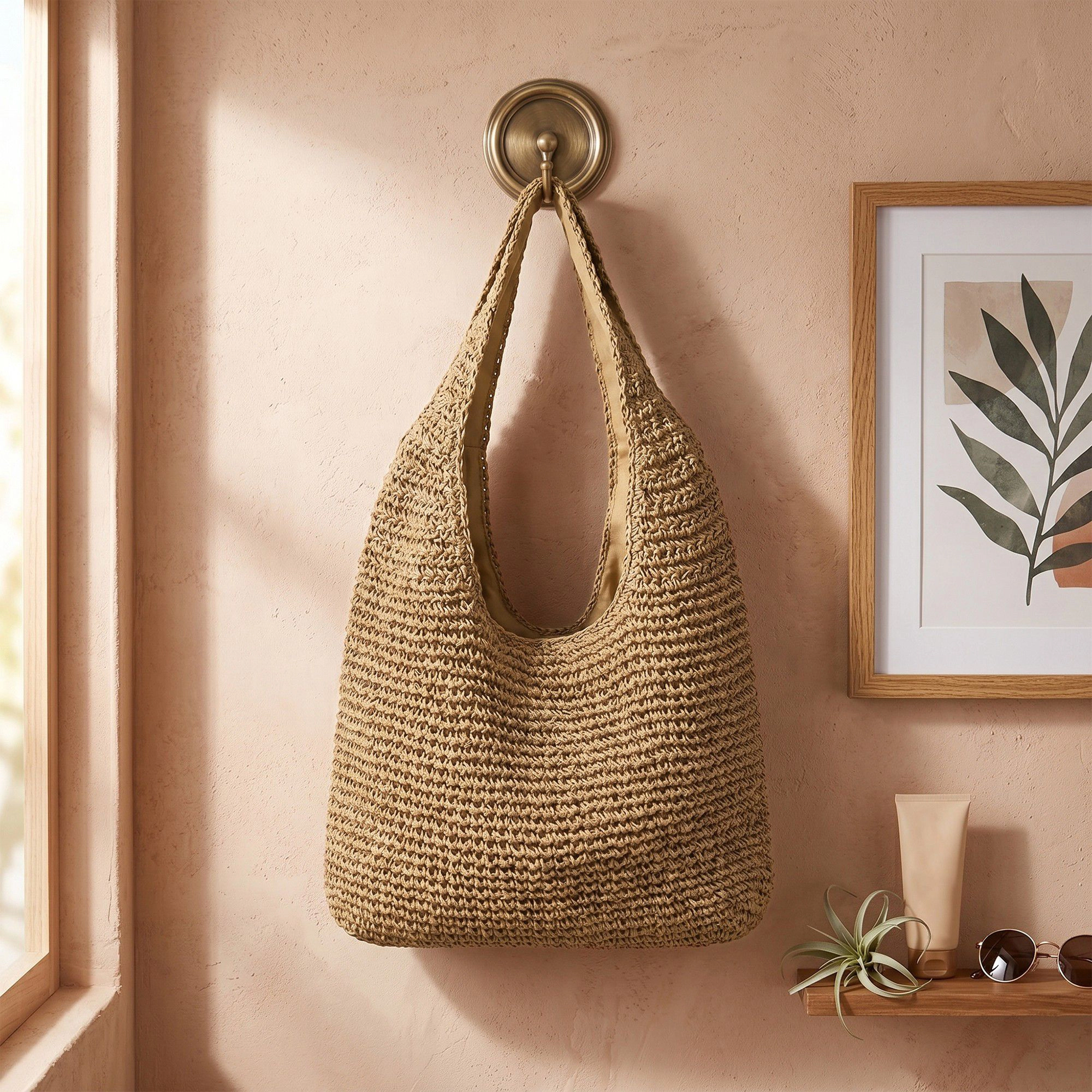 Alilang Women's Woven Crochet Hobo Bag with Integrated Strap Slouchy Shoulder Handbag Lightweight Large Capacity Tote