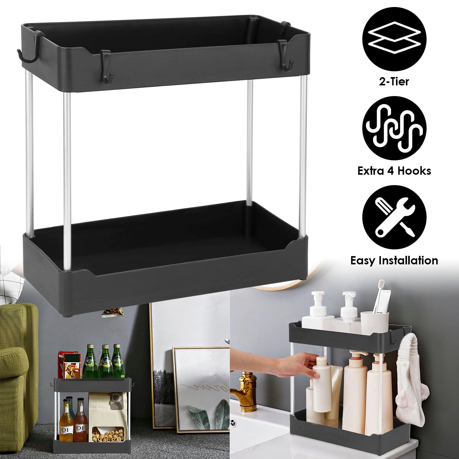 GBruno 2-Tier Under Sink Organizer With 4 Hooks