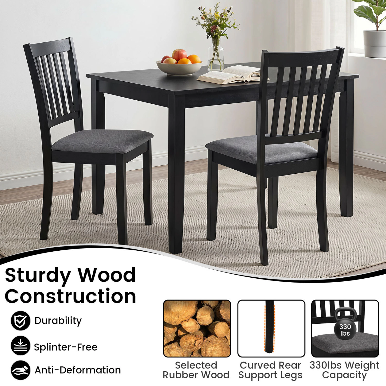 LJG Set of 2 Wooden Dining Chairs Upholstered Kitchen with Rubber Wood Frame