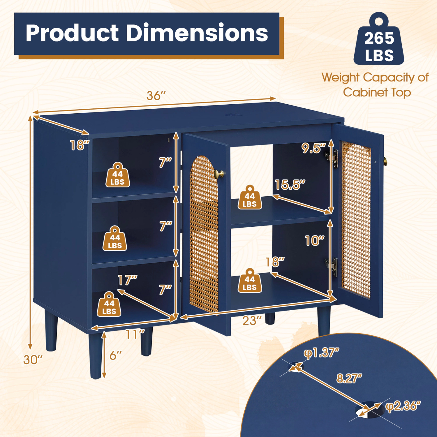 Slickblue 36 Inch Under Sink Bathroom Vanity Cabinet Navy Rattan Style 2-Door Storage