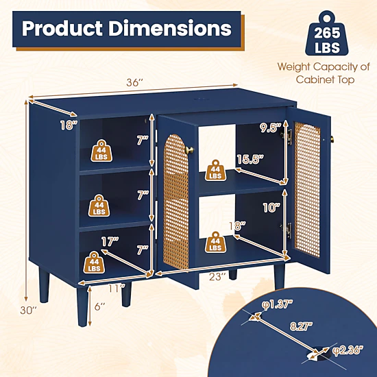 Slickblue 36 Inch Under Sink Bathroom Vanity Cabinet Navy Rattan