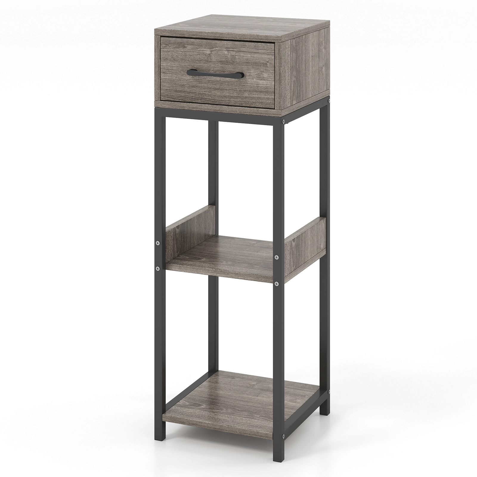 Slickblue 3-Tier Plant Stand with Drawer Grey Wood and Black Metal Shelf