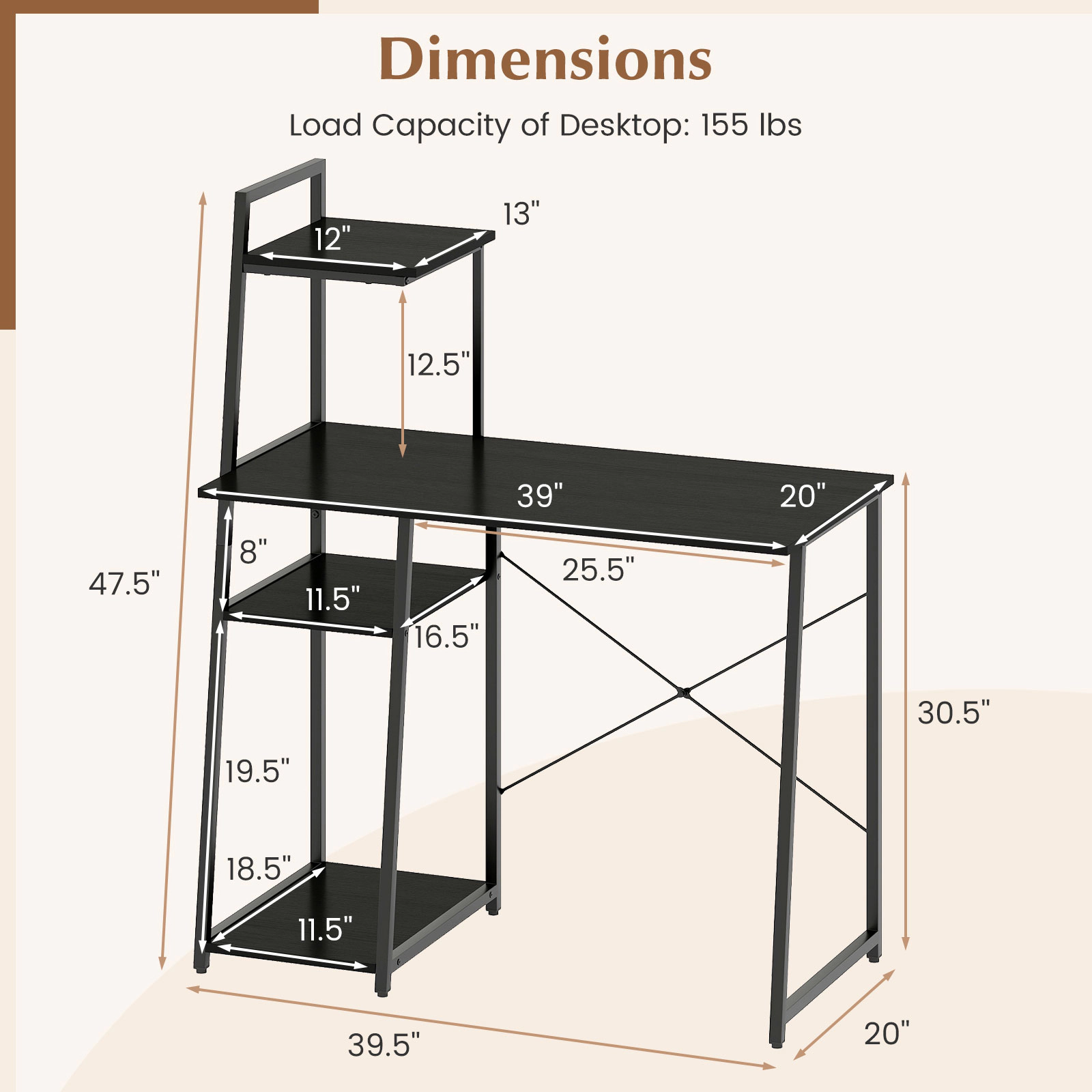SUGIFT Computer Desk with 3-Tier Storage Bookshelf and Shelves 155-lb Desktop Capacity Rustic Brown & Black/Natural &