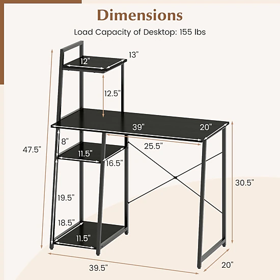 SUGIFT Computer Desk with 3-Tier Storage Bookshelf and Shelves 155-lb Desktop Capacity Rustic Brown & Black/Natural &