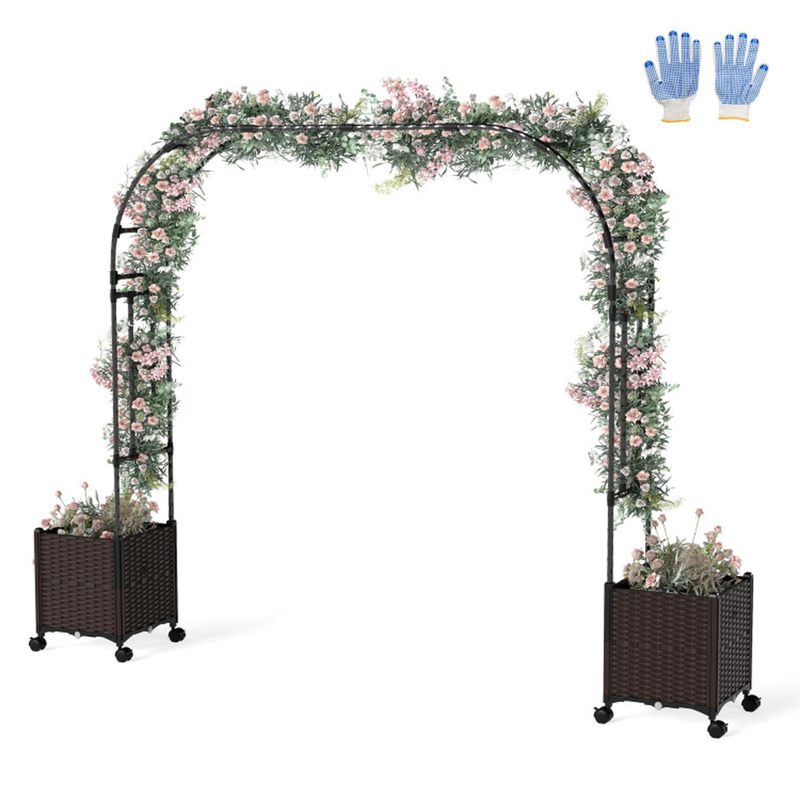 SUGIFT 6.6-Ft Black Garden Arch Trellis with 2 Planter Boxes and Lockable Wheels 80-in W 16-in D 113-in H