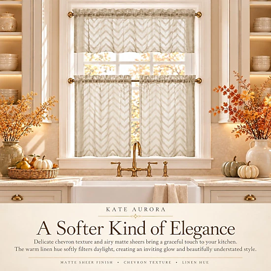 Kate Aurora Farmhouse Rustic Chic 3 Piece Beige Cafe Kitchen Curtain ...
