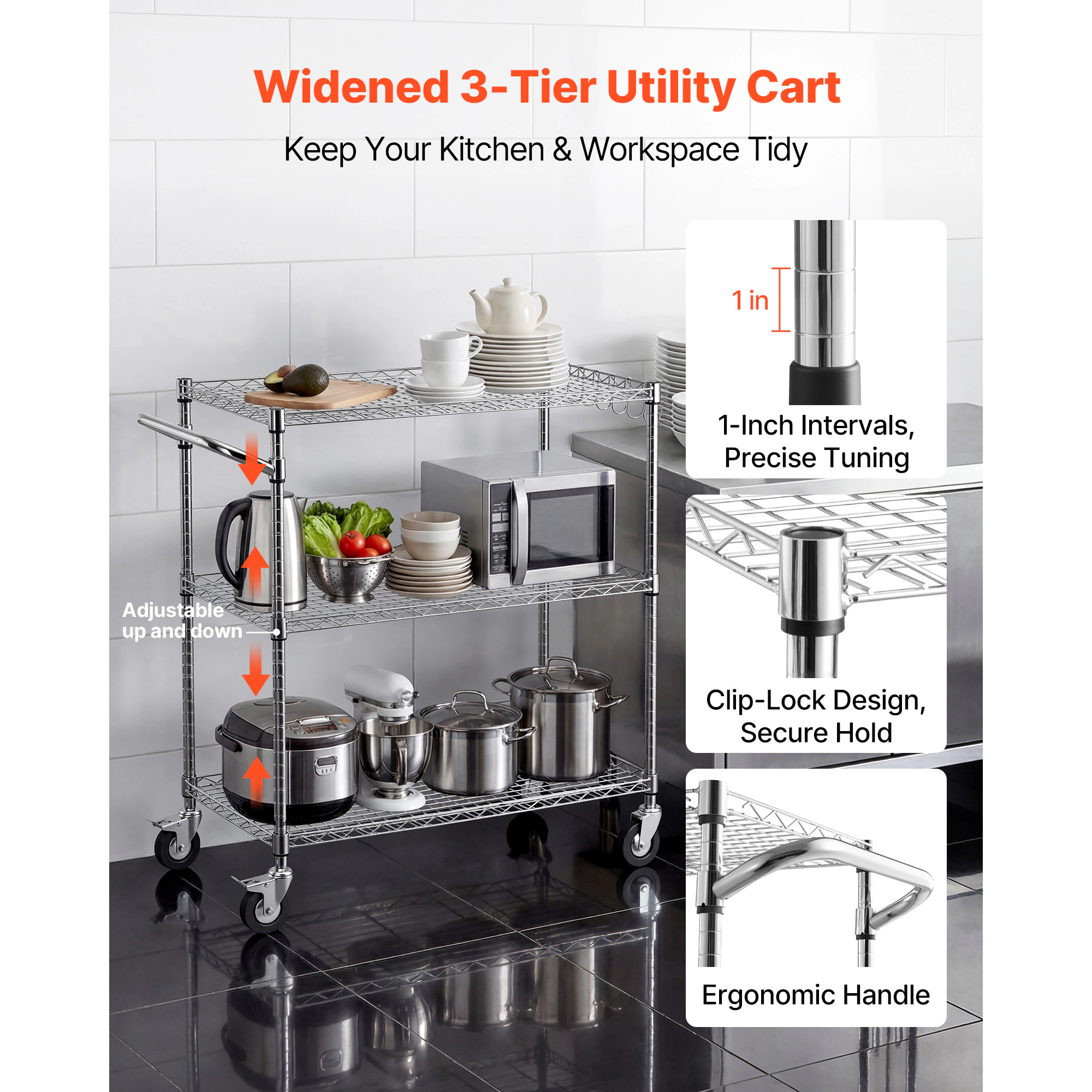 HONGGE Kitchen Utility Cart 3 Tier Heavy Duty Adjustable Wire Storage Rack Commercial Steel Rolling Service Trolley on