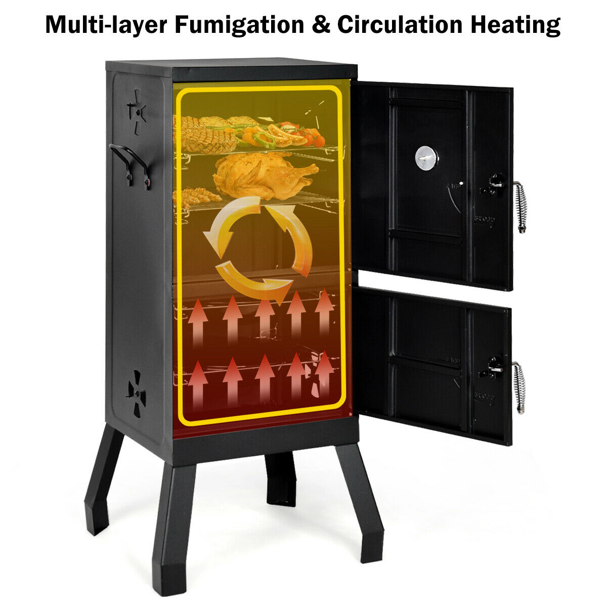 SUGIFT Vertical 2-Tier Black Charcoal Smoker Grill with Temperature Gauge Water Pan and Lockable Doors