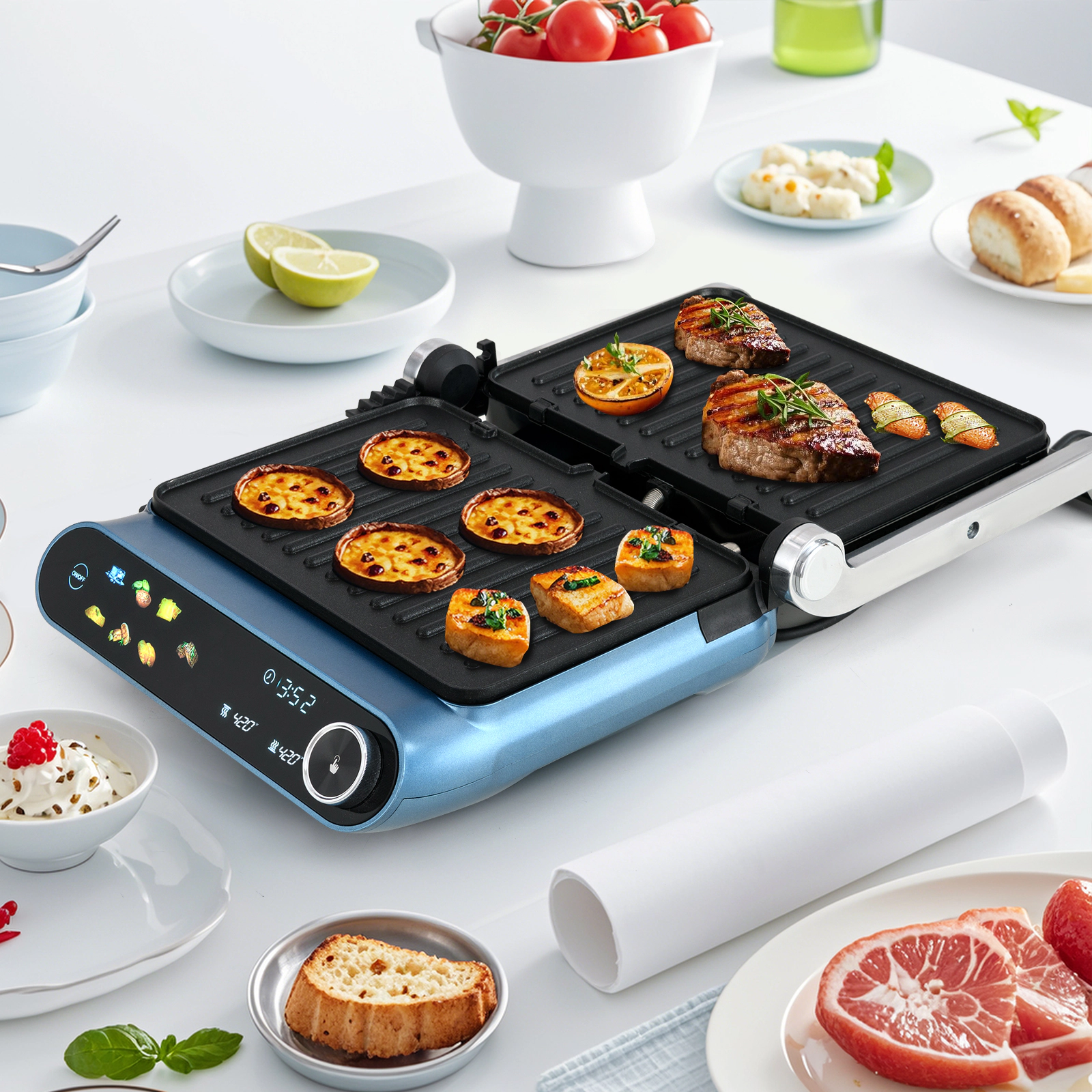 LJG 1200W Panini Press Grill with LED Display and 7 Grilling Modes