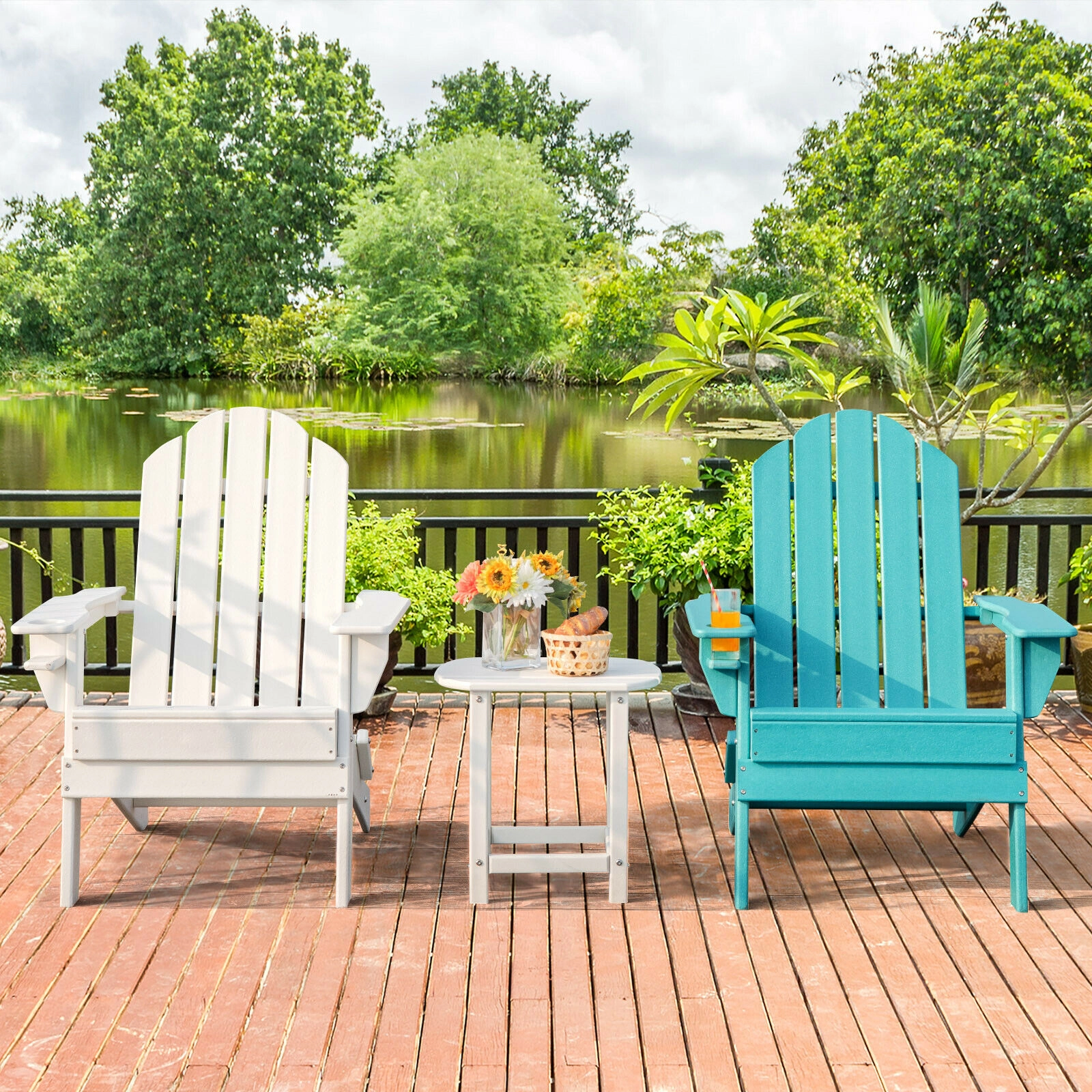 SUGIFT Foldable Weather Resistant PE Adirondack Patio Chair with Cup Holder 330-lb Capacity White