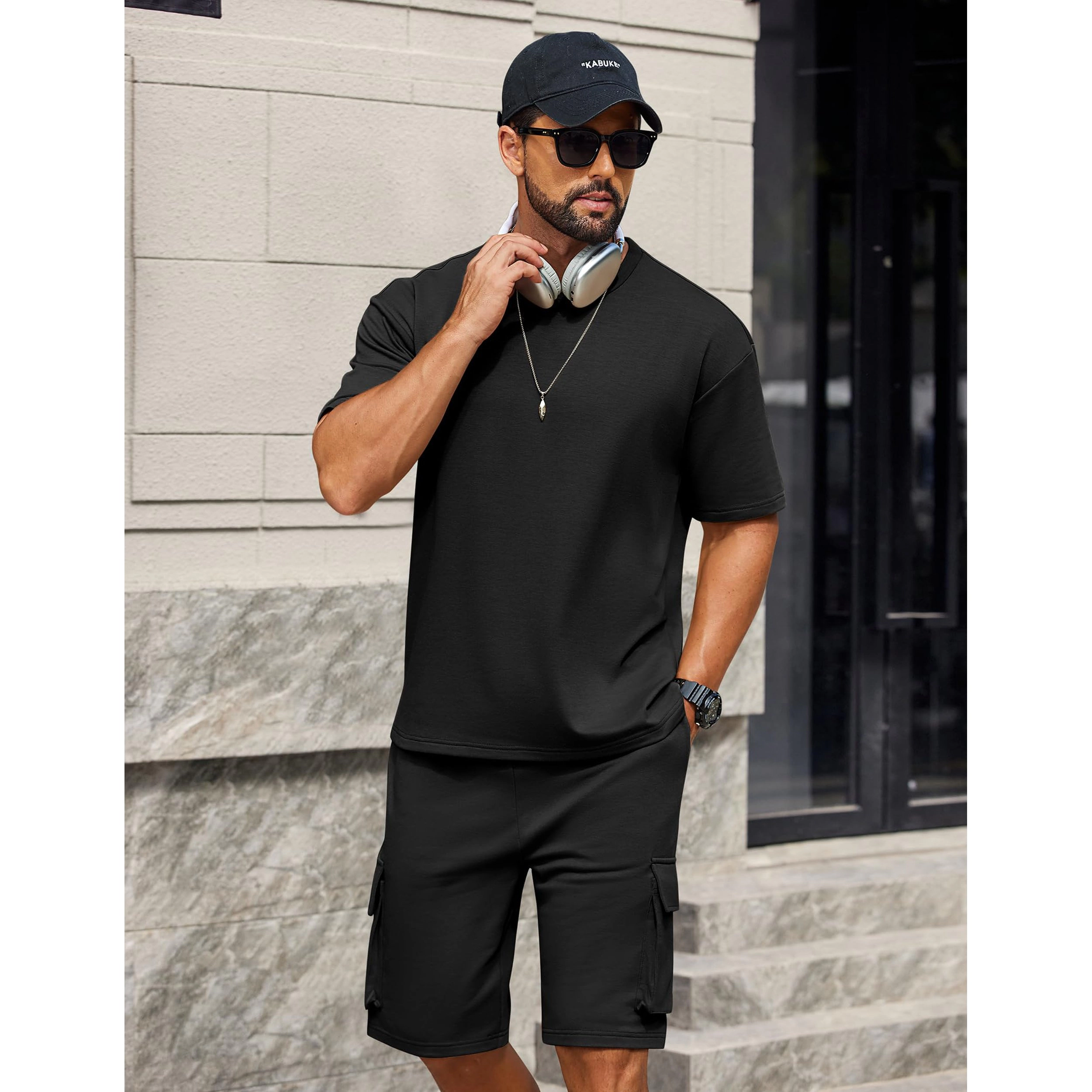 COOFANDY Men's Regular Fit Crew Neck Short Sleeve T-Shirt And Cargo Shorts Set