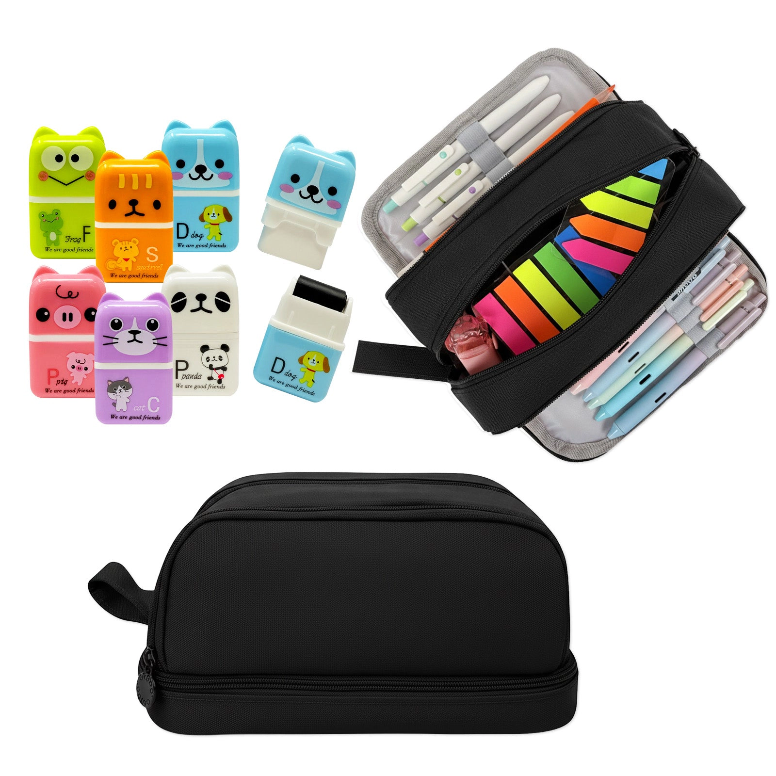 Wrapables 4-Compartment Pencil Case Set with Erasers with Clean Up Roller, Black