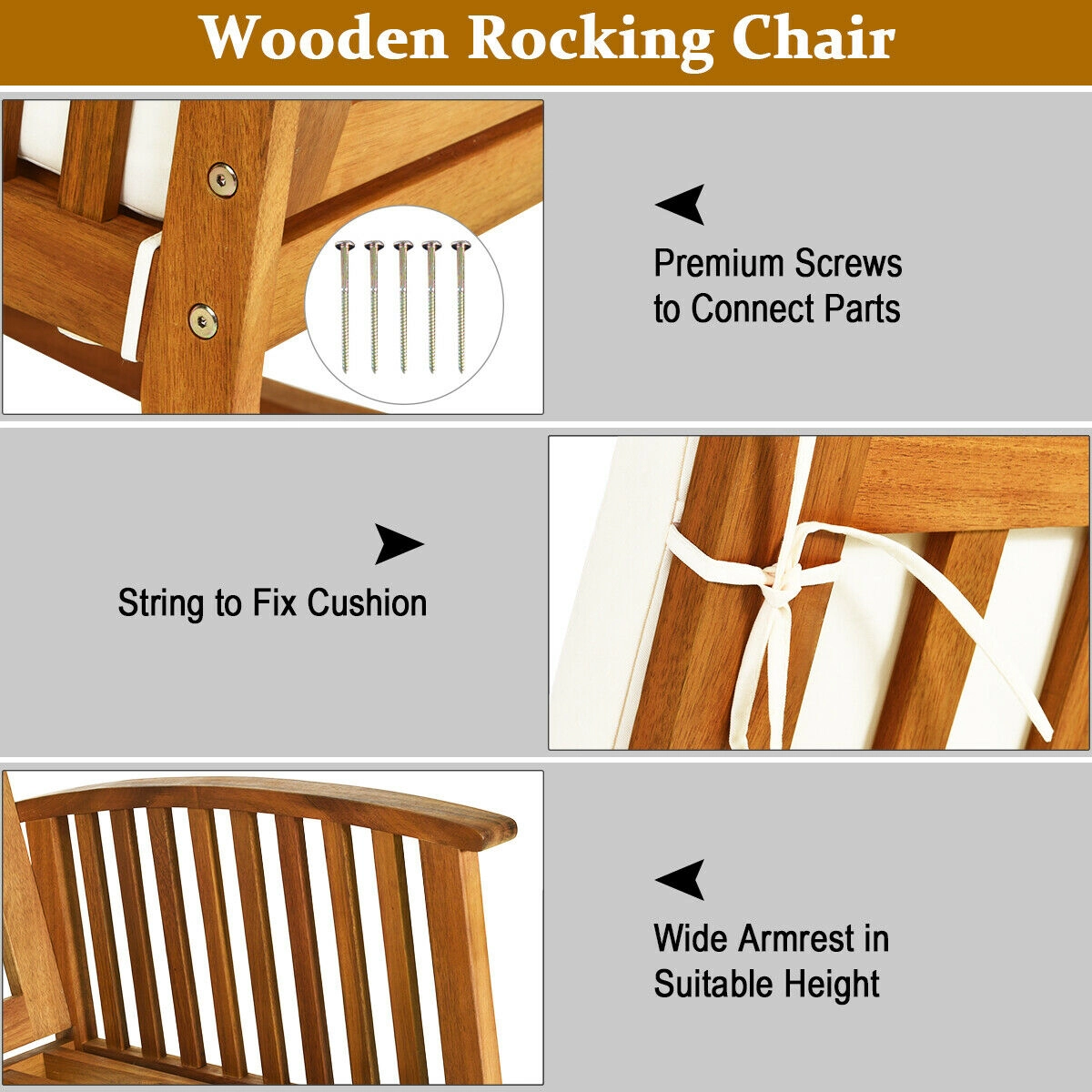 Hivvago Acacia Wood Rocking Chair with Cushions