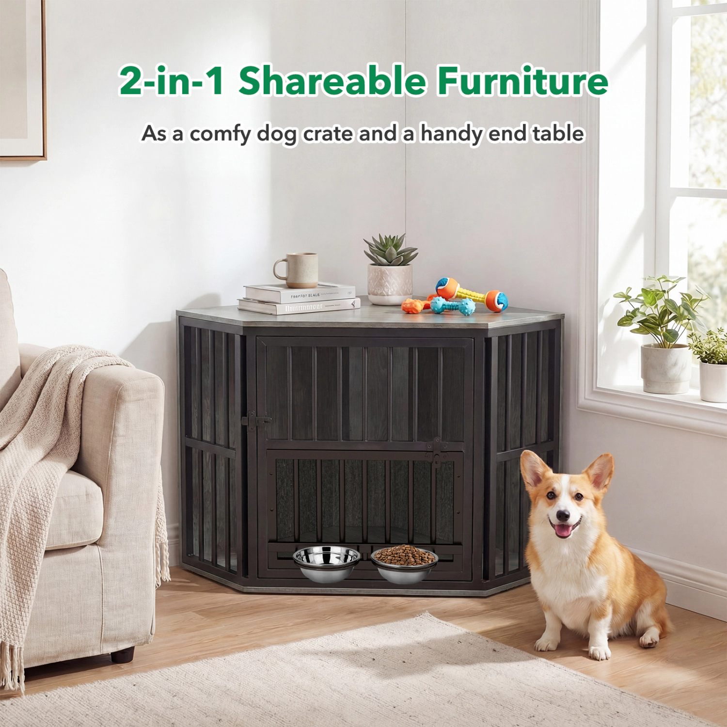SUGIFT 35.5-in Corner Wooden Dog Kennel End Table Pet Crate with 3-Position Bowl Rack 110-lb Capacity Brown/Oak+Black