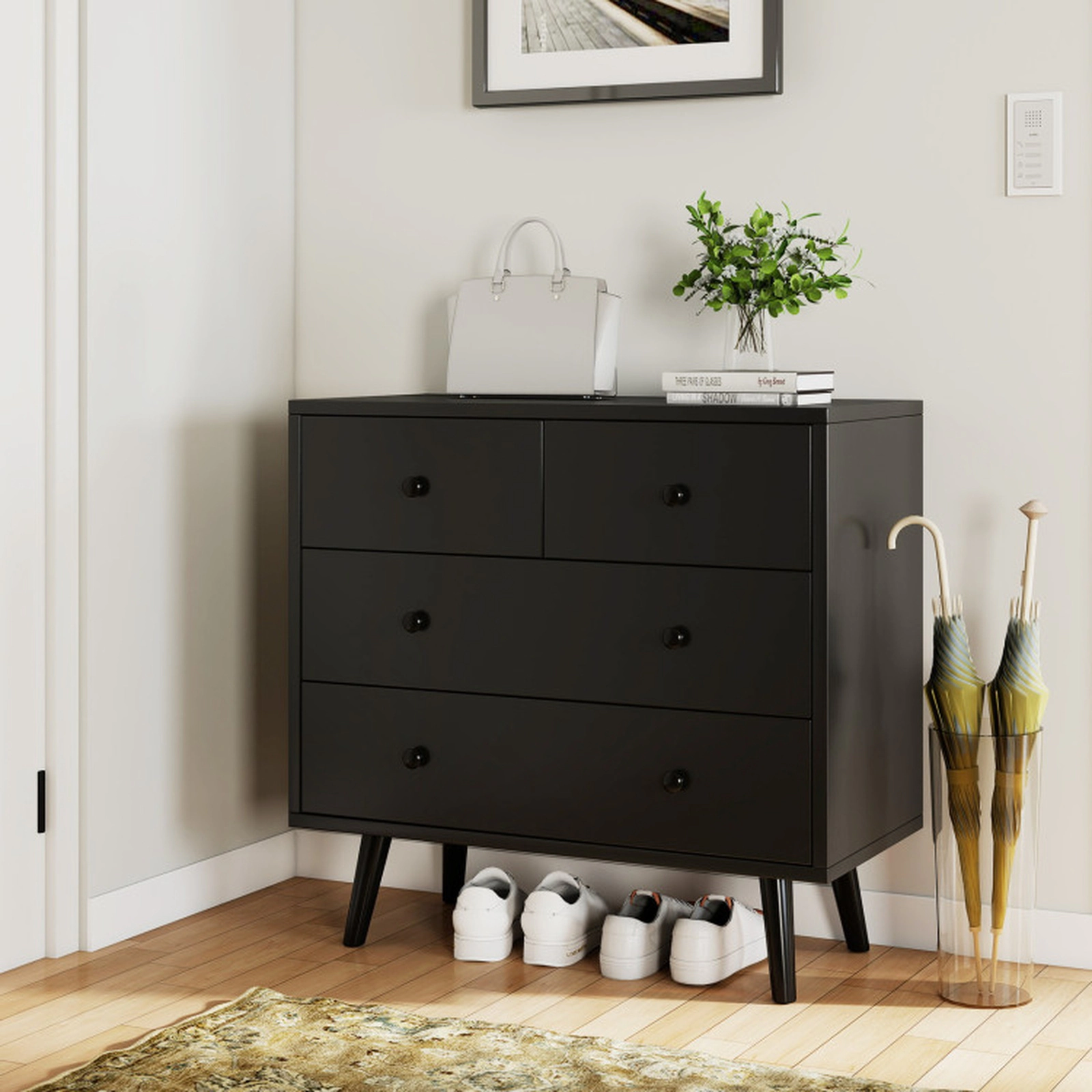 SUGIFT Black Tapered Legs for Bedroom and Living Room 4-Drawer Wide Wooden Dresser