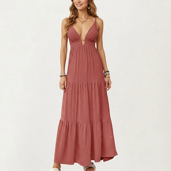empire waist tiered dress Anna-Kaci Women's Sleeveless V-Neck Cutout Maxi Dress, Color: Rustic Red Prom dresses Style:Sheer Dresses: Sweater Dresses Emma Chamberlain's Extremely Smokey skimming fit on this