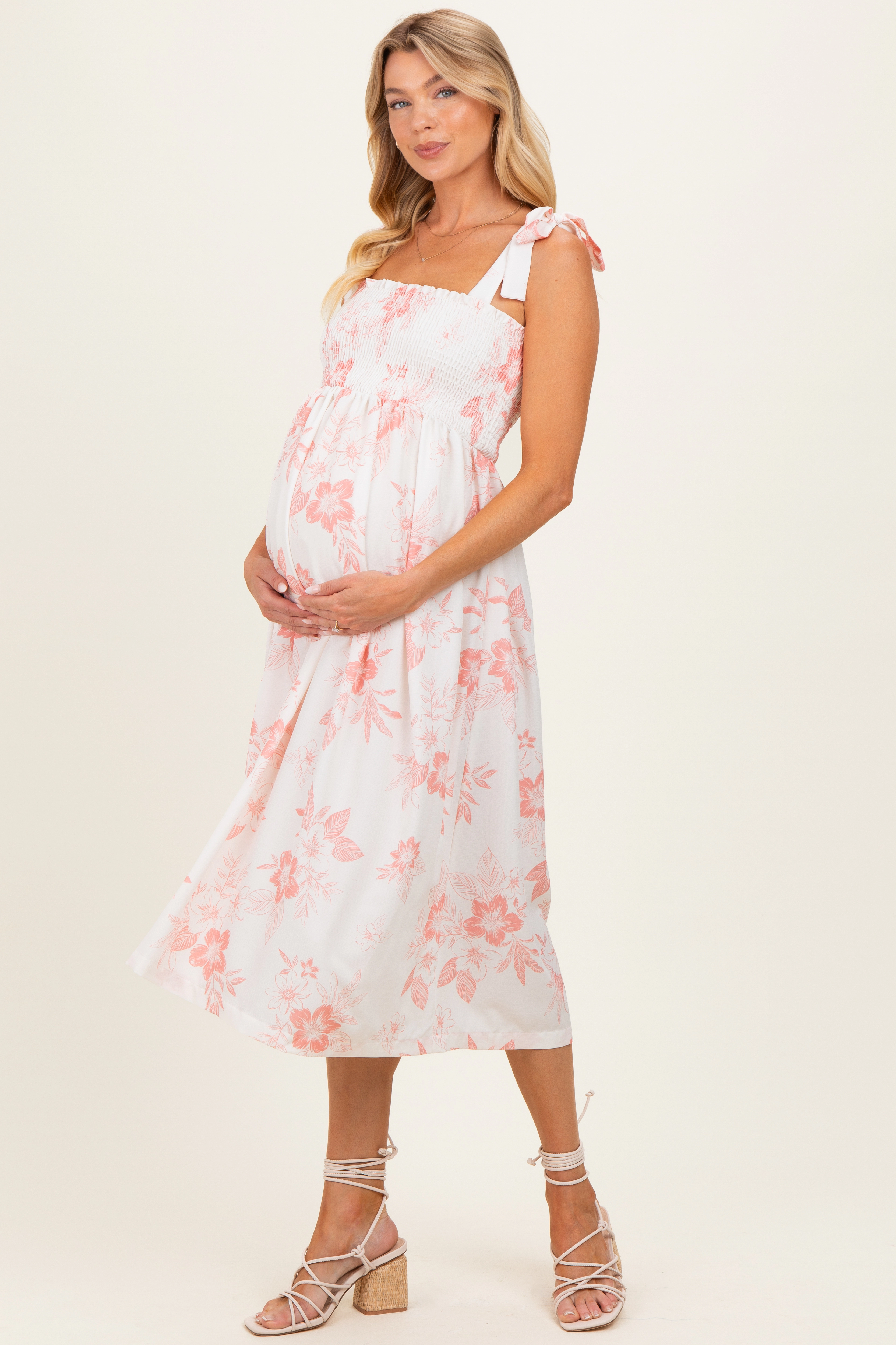 PinkBlush Womens Peach Floral Smocked Maternity Midi Dress