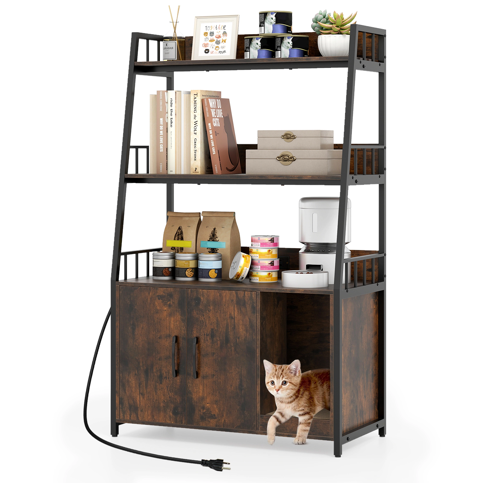 SUGIFT Rustic Brown Cat Litter Box Enclosure with 2 Storage Shelves and Scratching Pad 31.5-in W 15.5-in D 52-in H