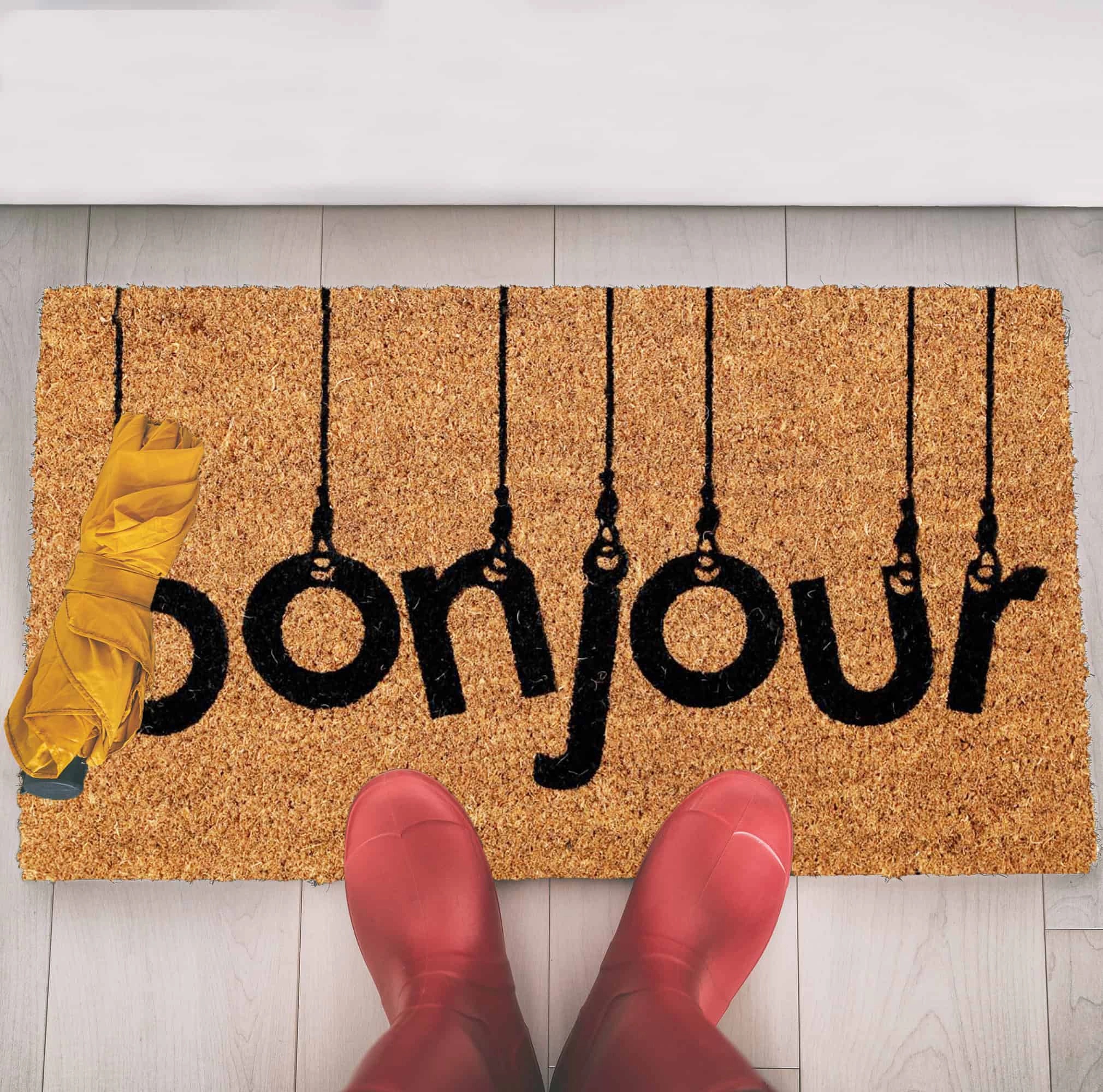 Evideco French Home Goods Natural and Black Bonjour Coir Doormat 24 x 16 Inches