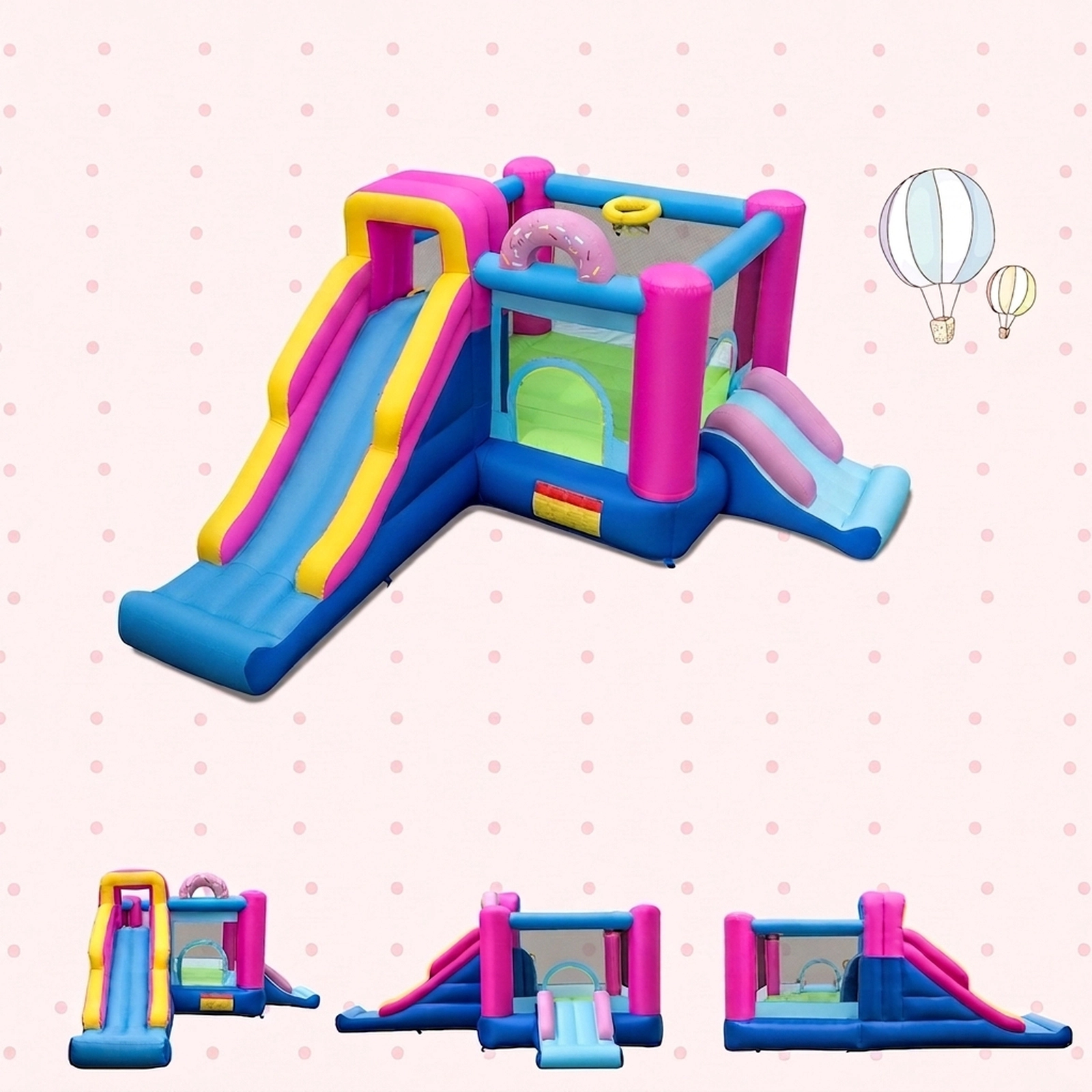 SUGIFT Kids Multicolor Bounce House with Dual Slides Basketball Hoop and 680W Blower 179-in W 100-lb Per Child