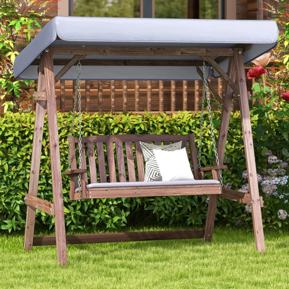 Hivvago 2-Person Porch Swing With Fir Wood Stand And Tilt Canopy-Brown