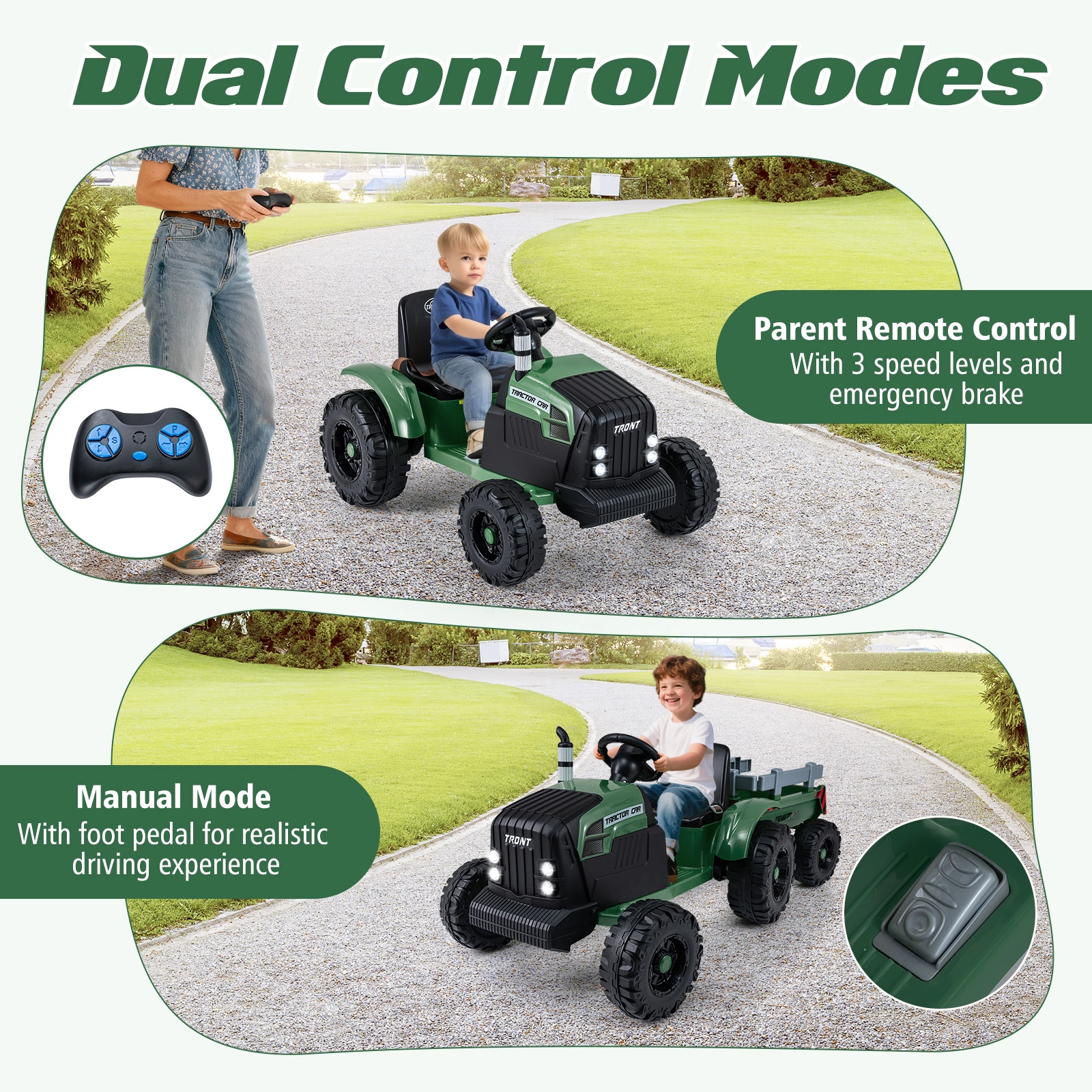 SUGIFT 24V Electric Ride On Tractor Detachable Trailer & Remote Control 77-lb Capacity Ages 3-8 Dark Green 60-in Vehicle