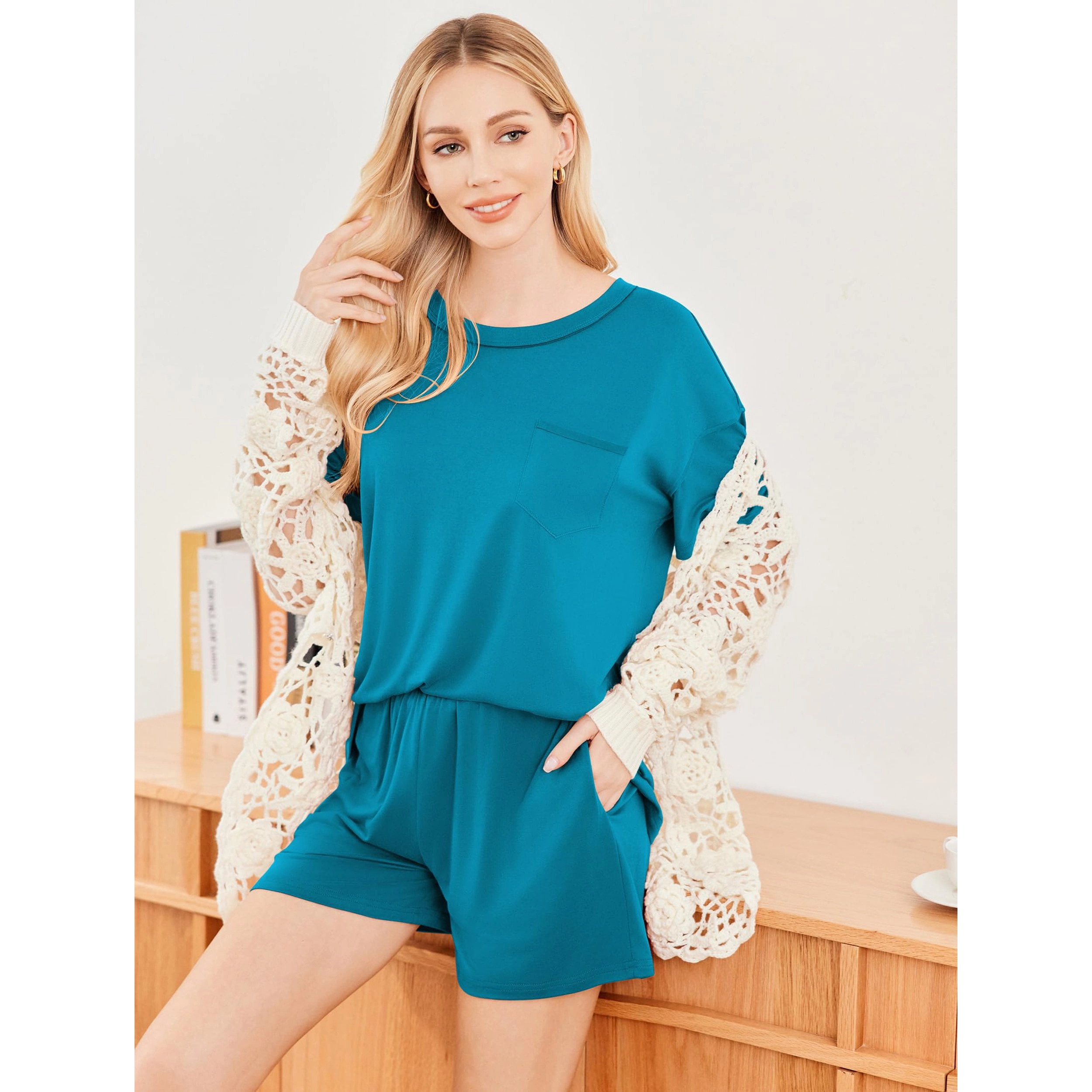Ekouaer womens Pajama Set 2 Piece Lounge Short Sleeve Tops and Shorts Soft Sleepwear