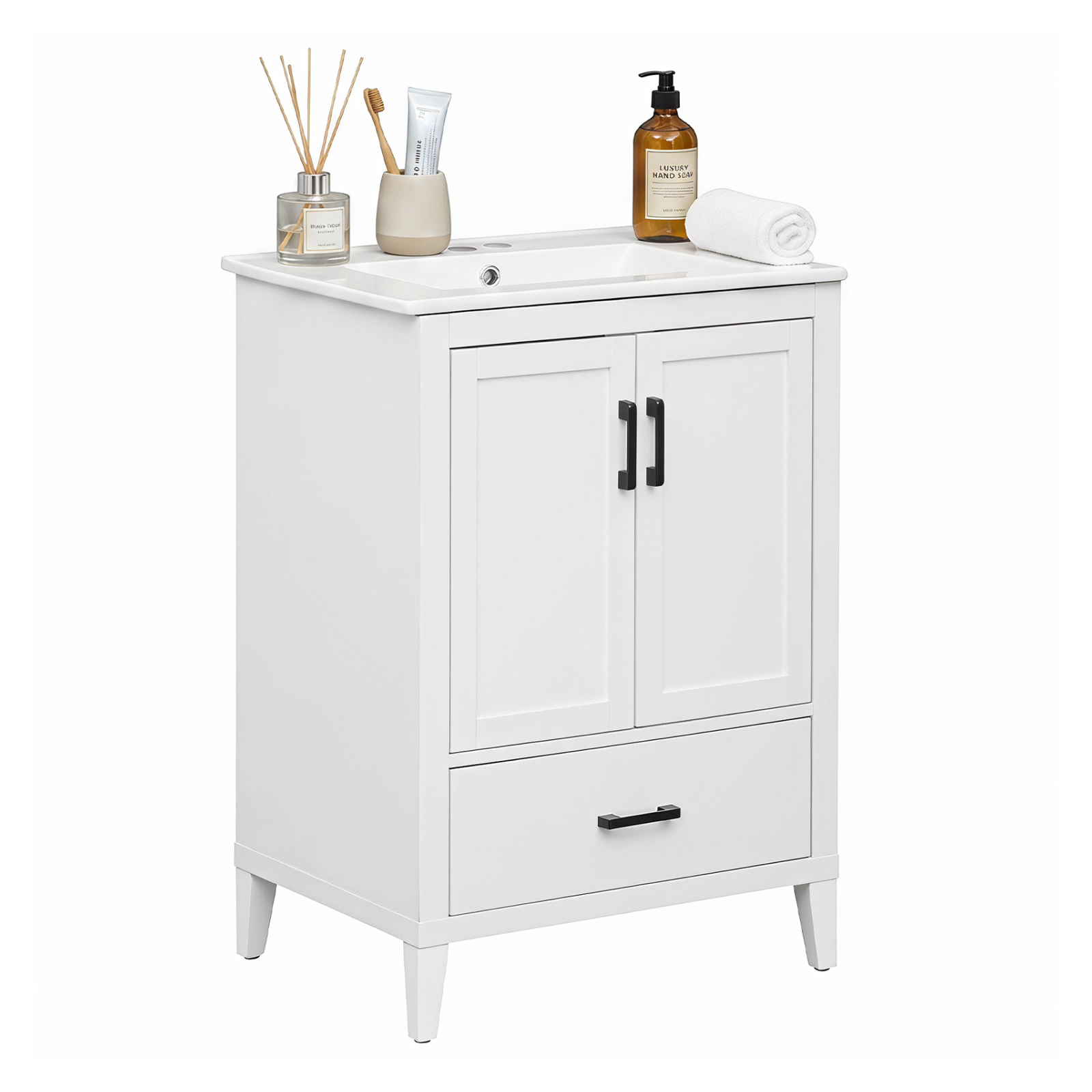 Glintex 24.5-Inch Vanity with Ceramic Sink Door Shelves and Divided Drawer, White