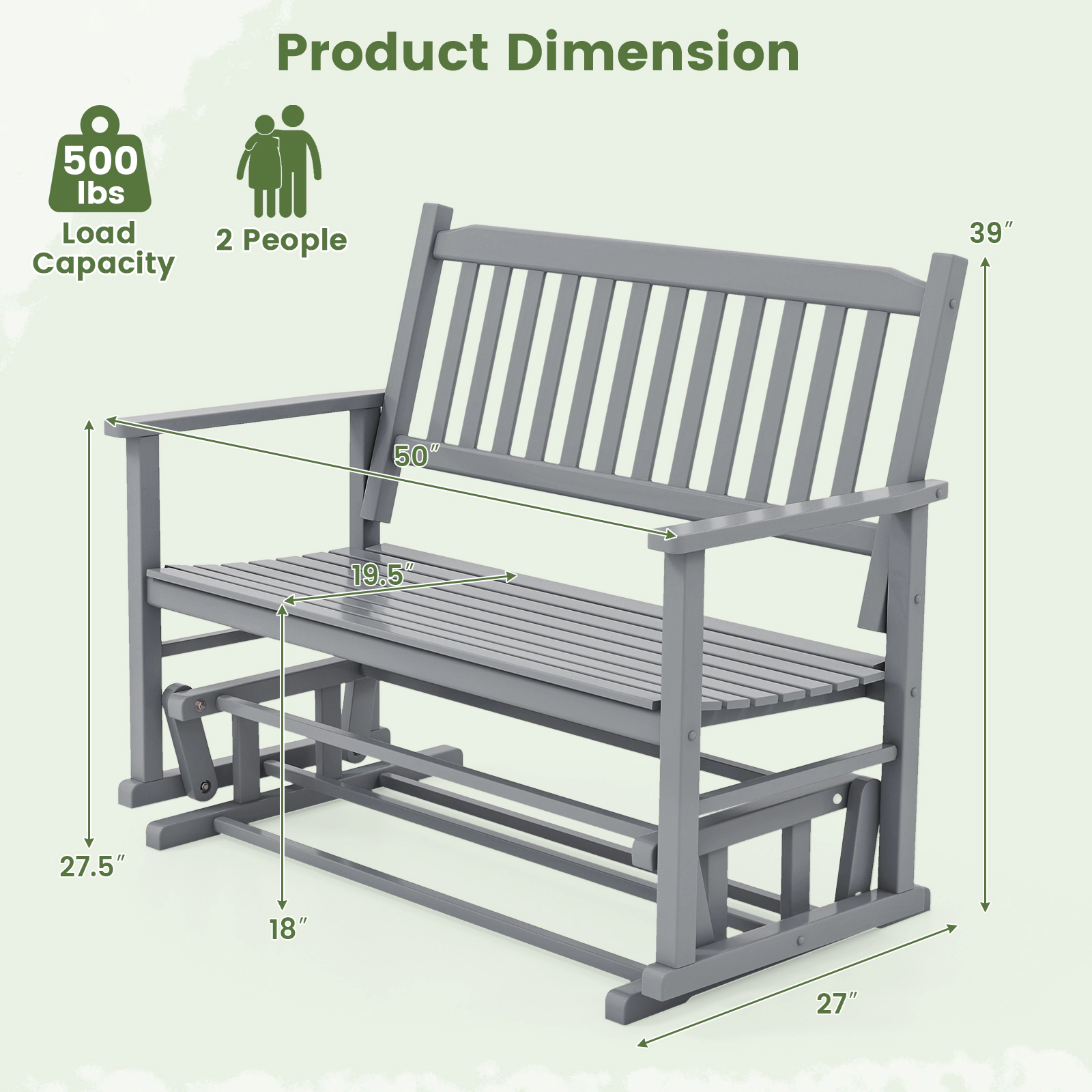 SUGIFT 2-Seat Poplar Wood Outdoor Glider Bench with Armrests and Slatted Seat 500-lb Capacity Gray