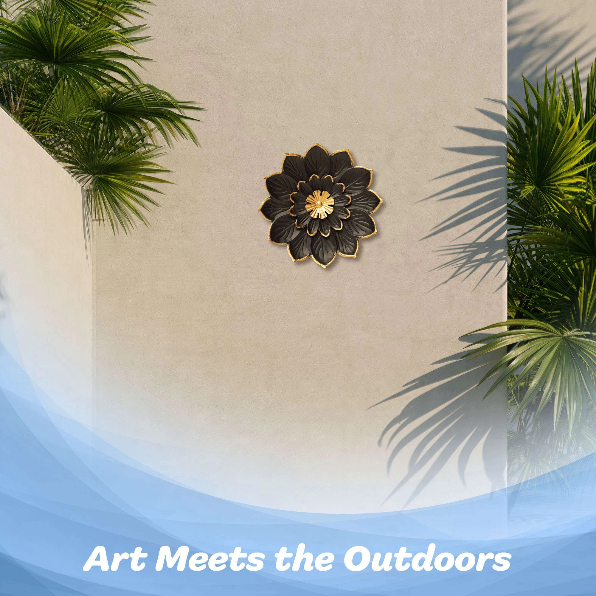 G128 9 in Black and Gold Metal Daisy Wall Art, Compact Floral Wall Hanging for Indoor and Covered Outdoor Spaces